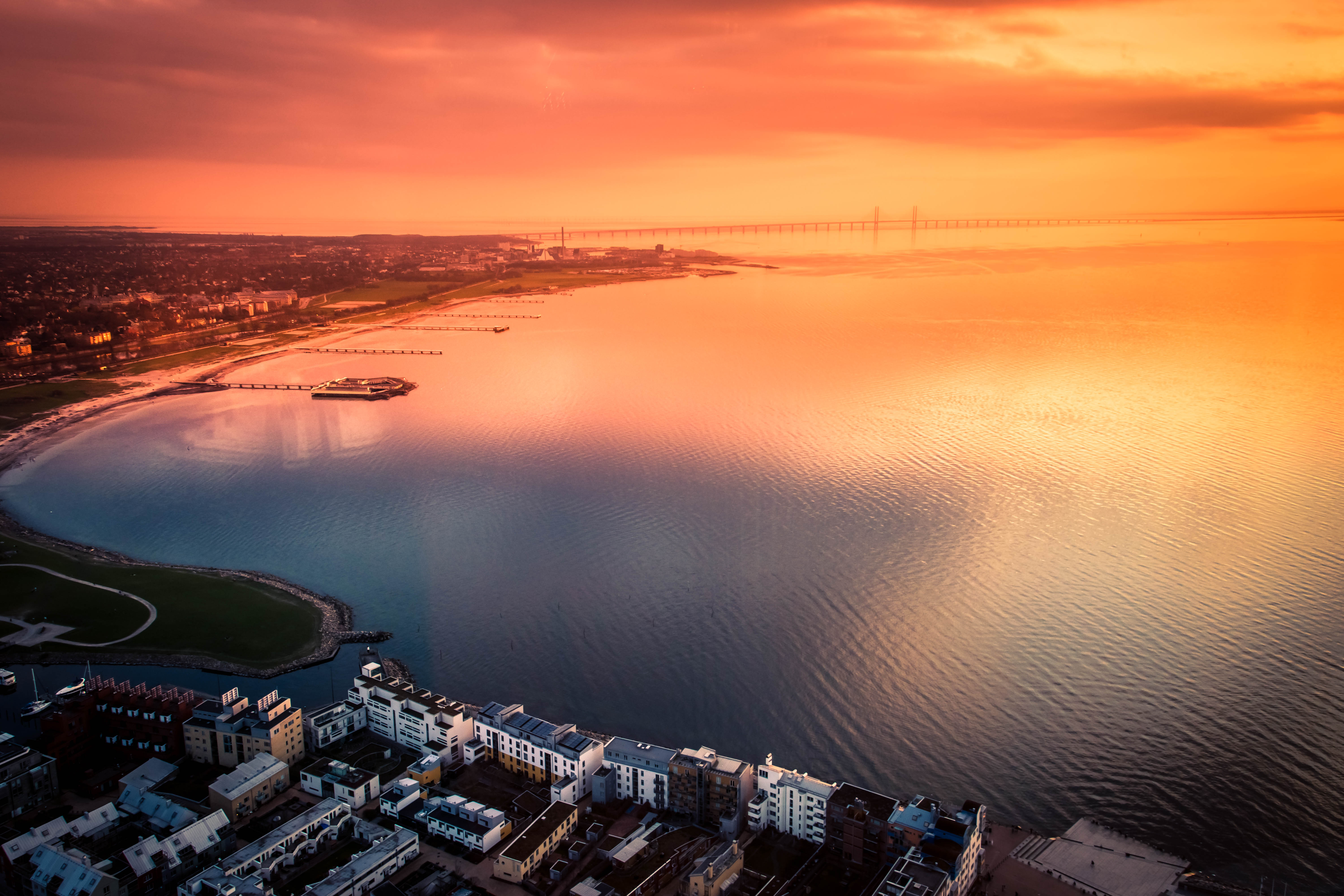 Free download wallpaper Cities, Sunset, Sea, City, View From Above, Coast on your PC desktop