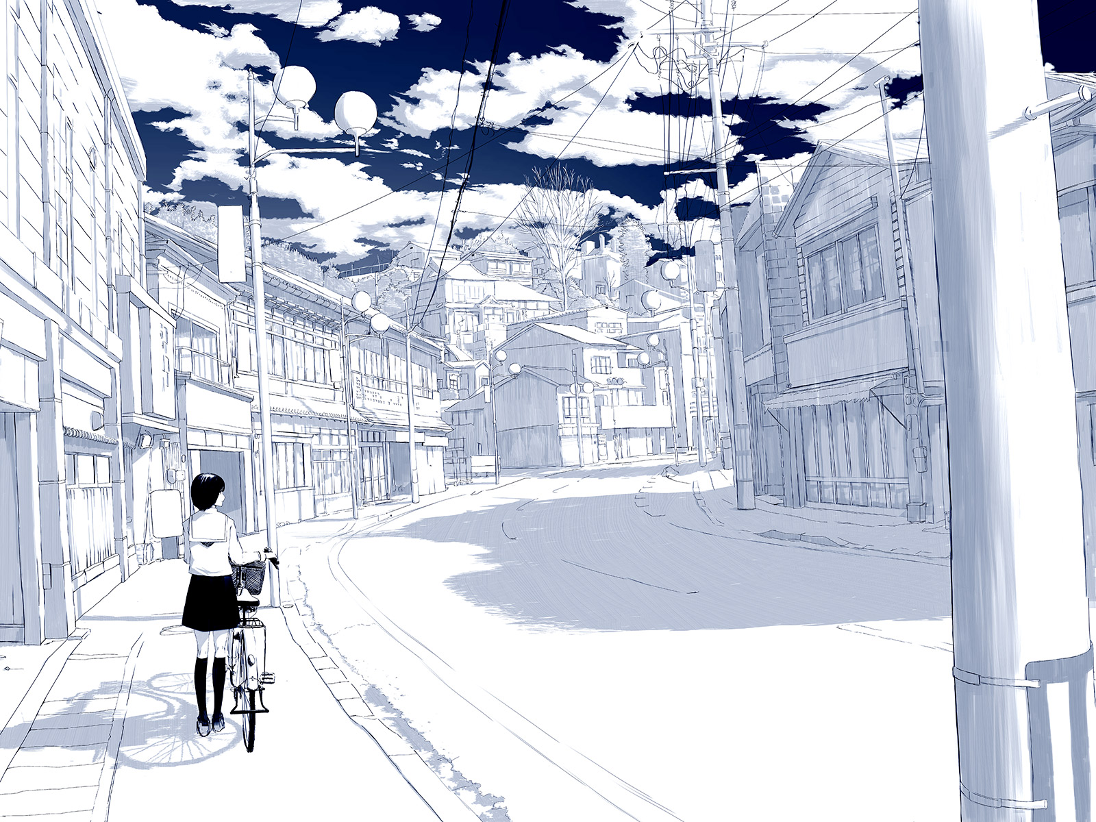 Download mobile wallpaper Anime, Building, Drawing, Bicycle, Skirt, Original, School Uniform for free.