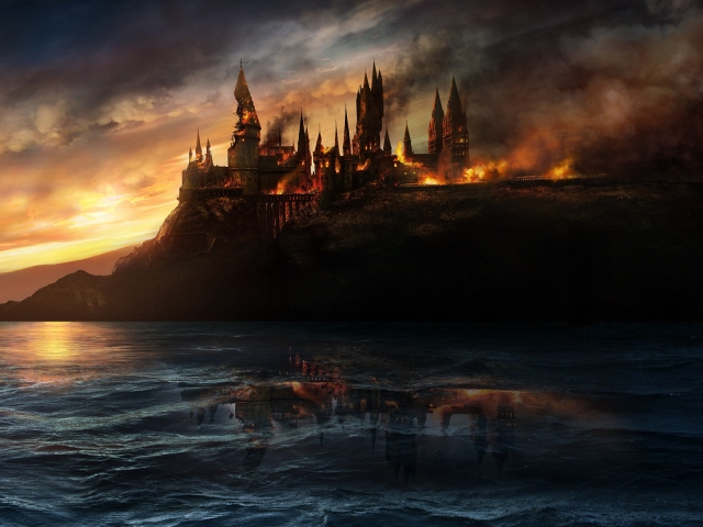 Download mobile wallpaper Fire, Smoke, Harry Potter, Movie, Castle, Hogwarts Castle, Harry Potter And The Deathly Hallows: Part 1 for free.