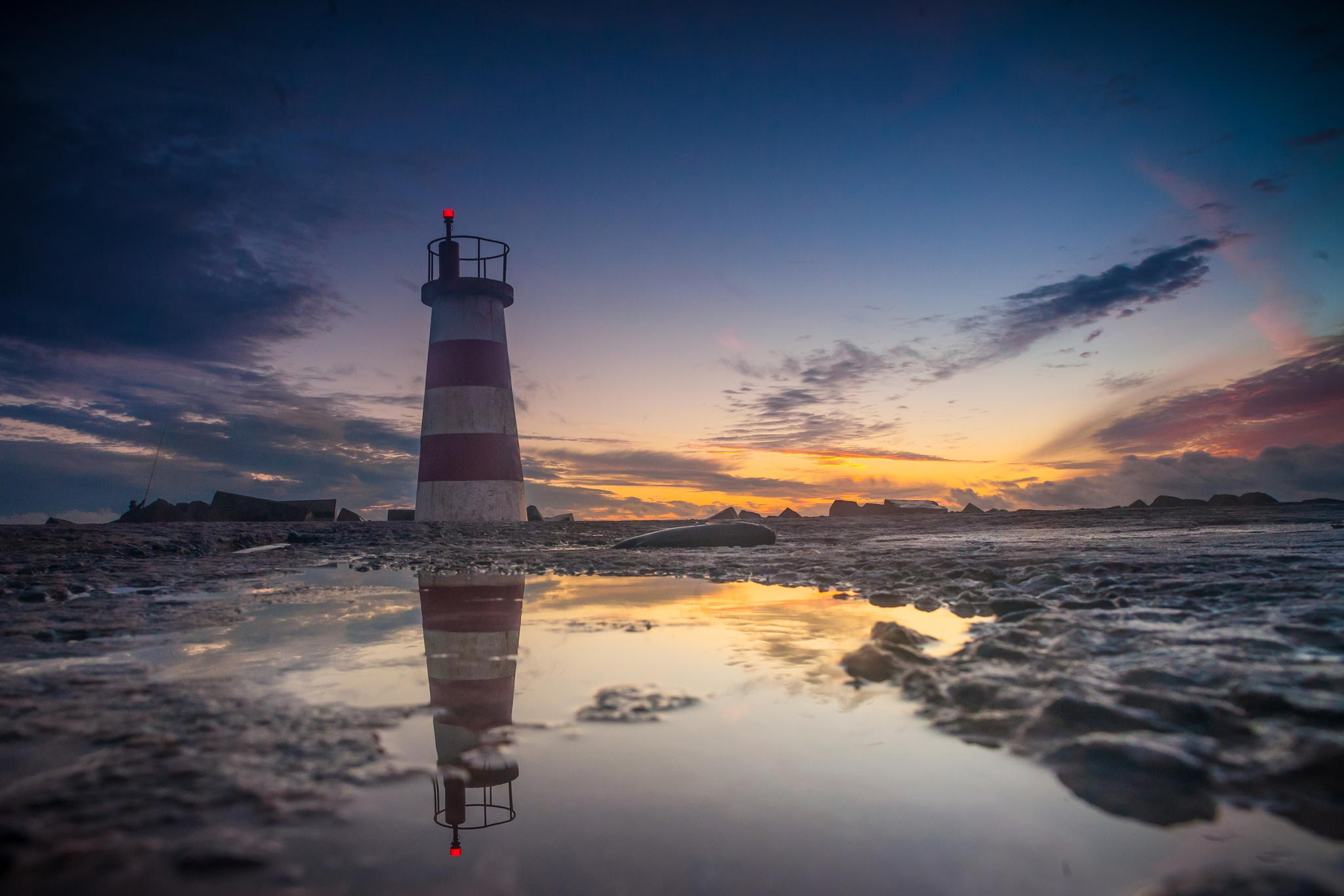 Download mobile wallpaper Sky, Reflection, Lighthouse, Man Made for free.