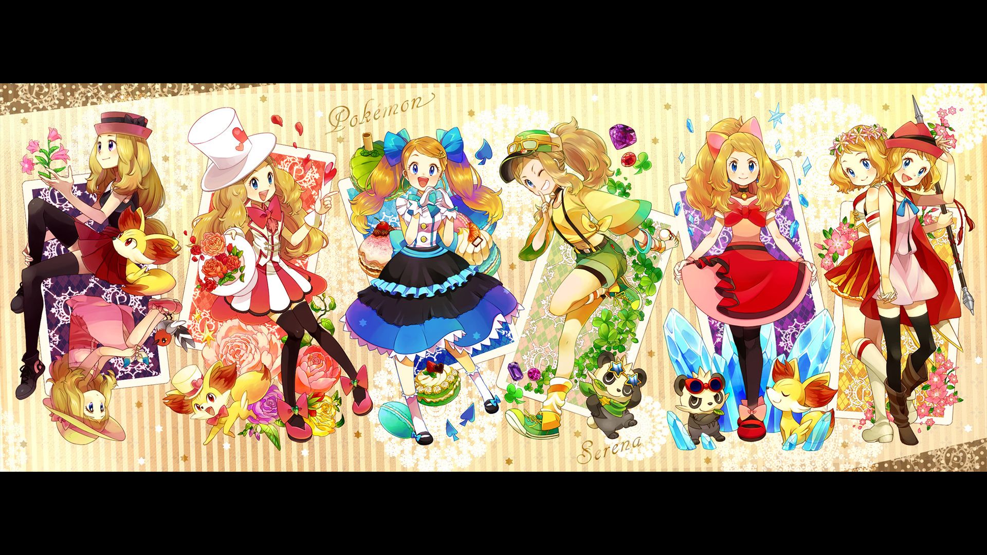 serena (pokémon), anime, pokémon, blonde, blue eyes, blush, boots, bow (clothing), dress, earrings, fennekin (pokémon), flower, glasses, glove, hat, jewelry, long hair, pancham (pokémon), pink dress, purple eyes, red eyes, short hair, shorts, skirt, smile, thigh highs, twintails
