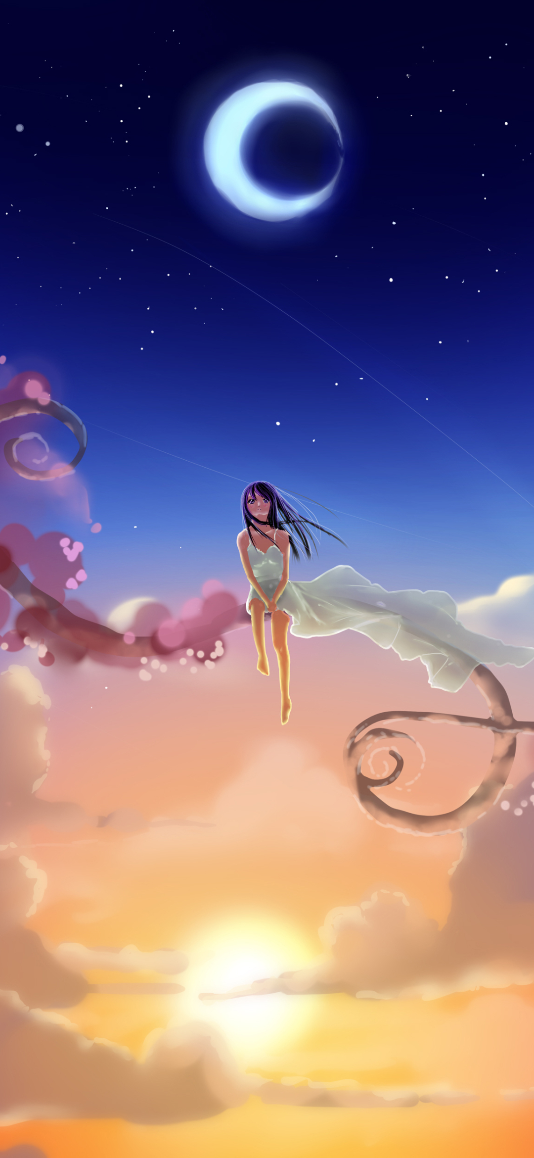 Download mobile wallpaper Anime, Sunset, Moon, Starry Sky, Girl for free.