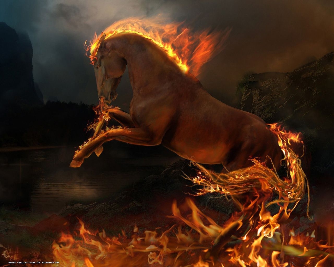 Download mobile wallpaper Animals, Fire, Art, Fantasy, Horses for free.
