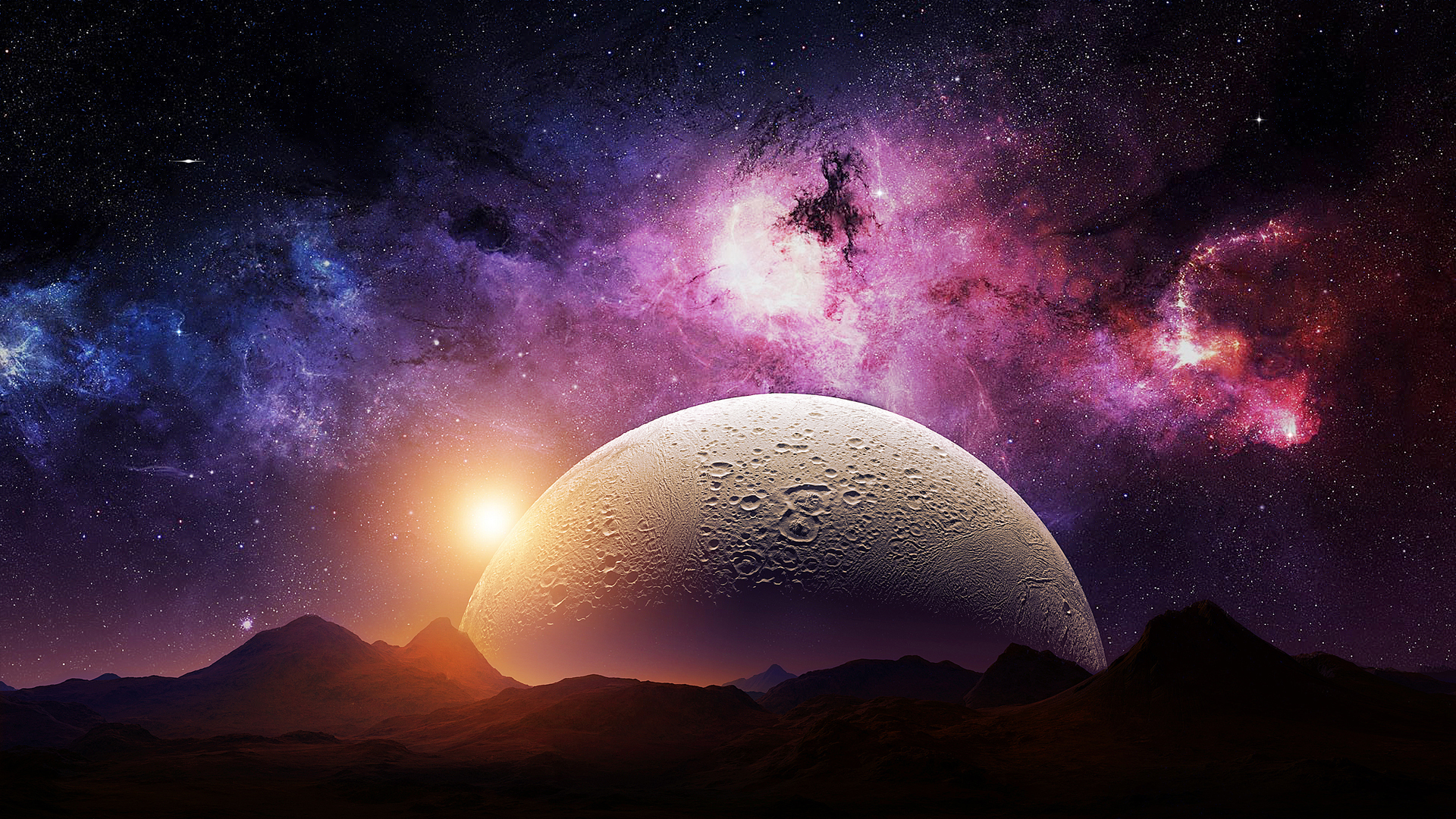 Free download wallpaper Landscape, Sky, Stars, Night, Mountain, Galaxy, Space, Planet, Sci Fi on your PC desktop