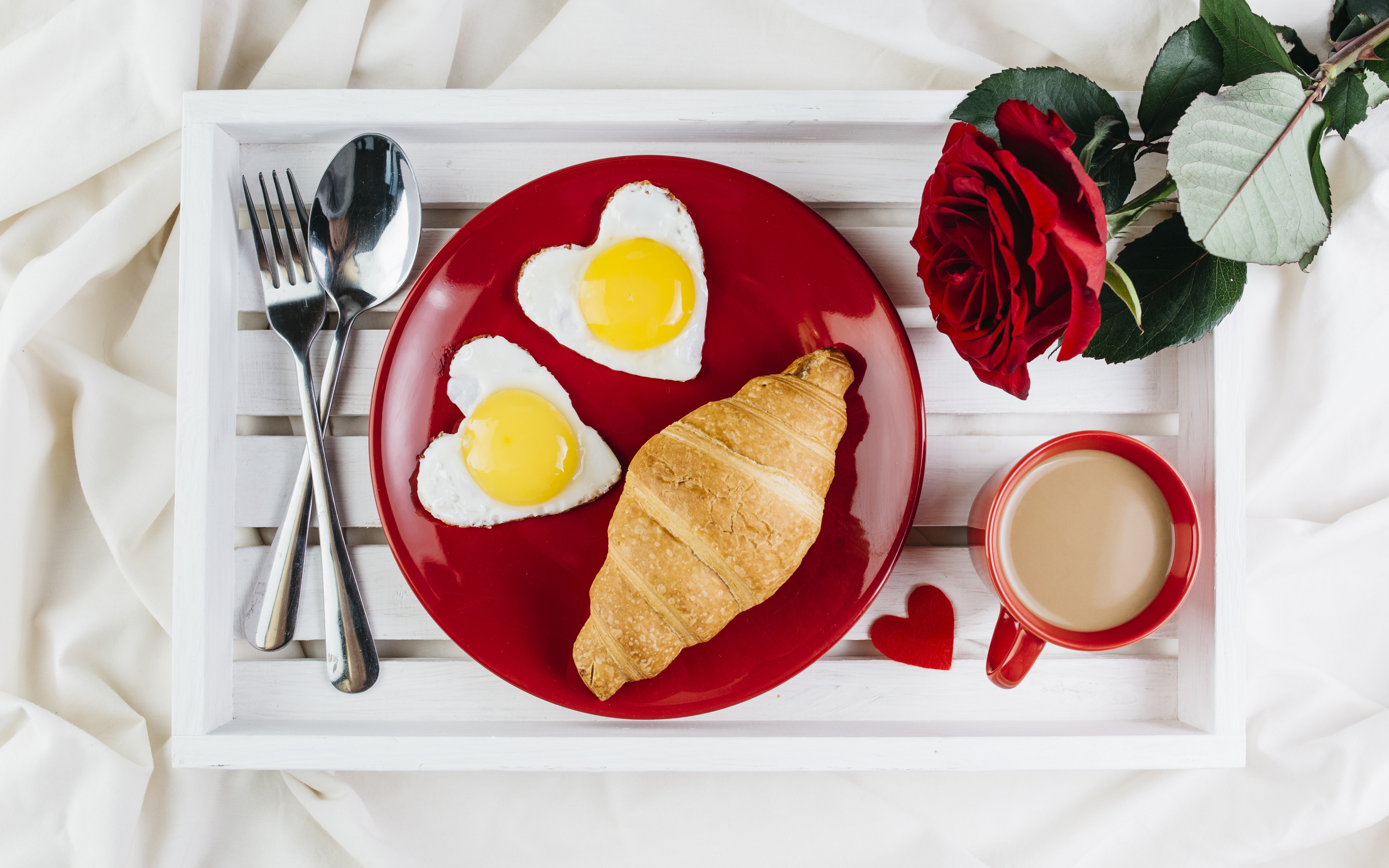 Download mobile wallpaper Food, Coffee, Rose, Egg, Breakfast, Croissant, Heart Shaped for free.