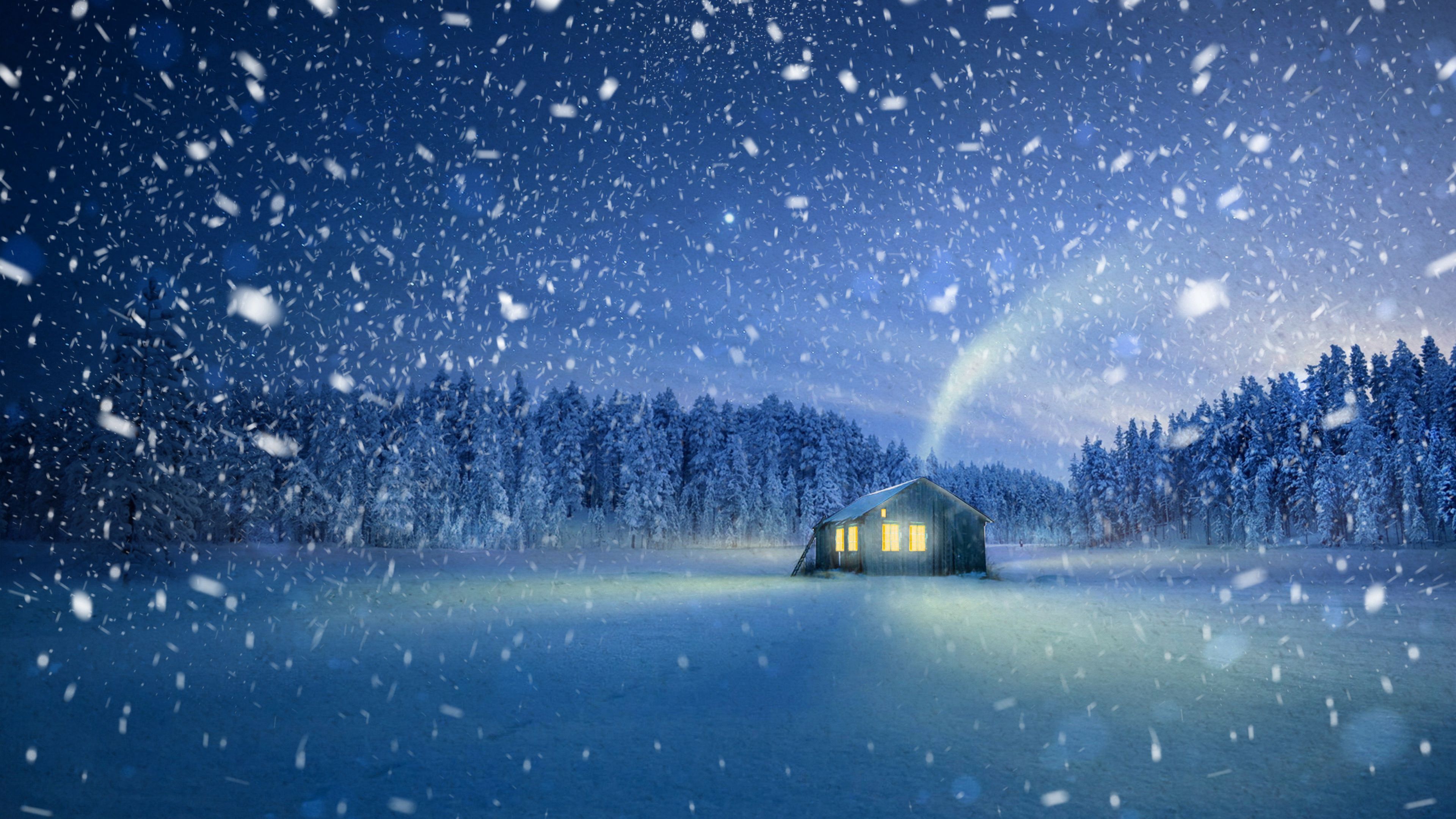 snowfall, fabulous, snow, magic, nature, small house, lodge, fairy HD wallpaper