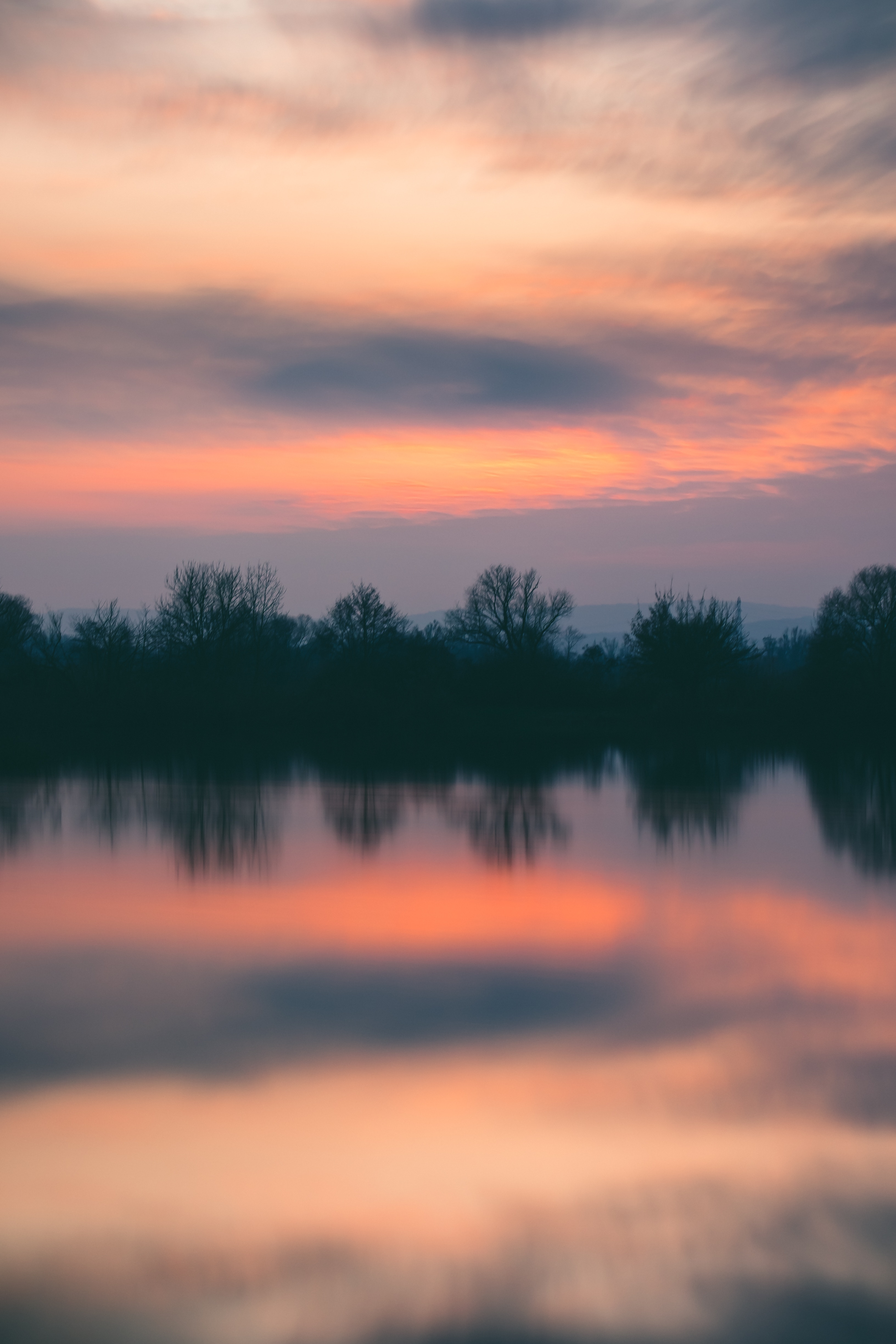 Download mobile wallpaper Reflection, Trees, Horizon, Rivers, Sunset, Nature for free.
