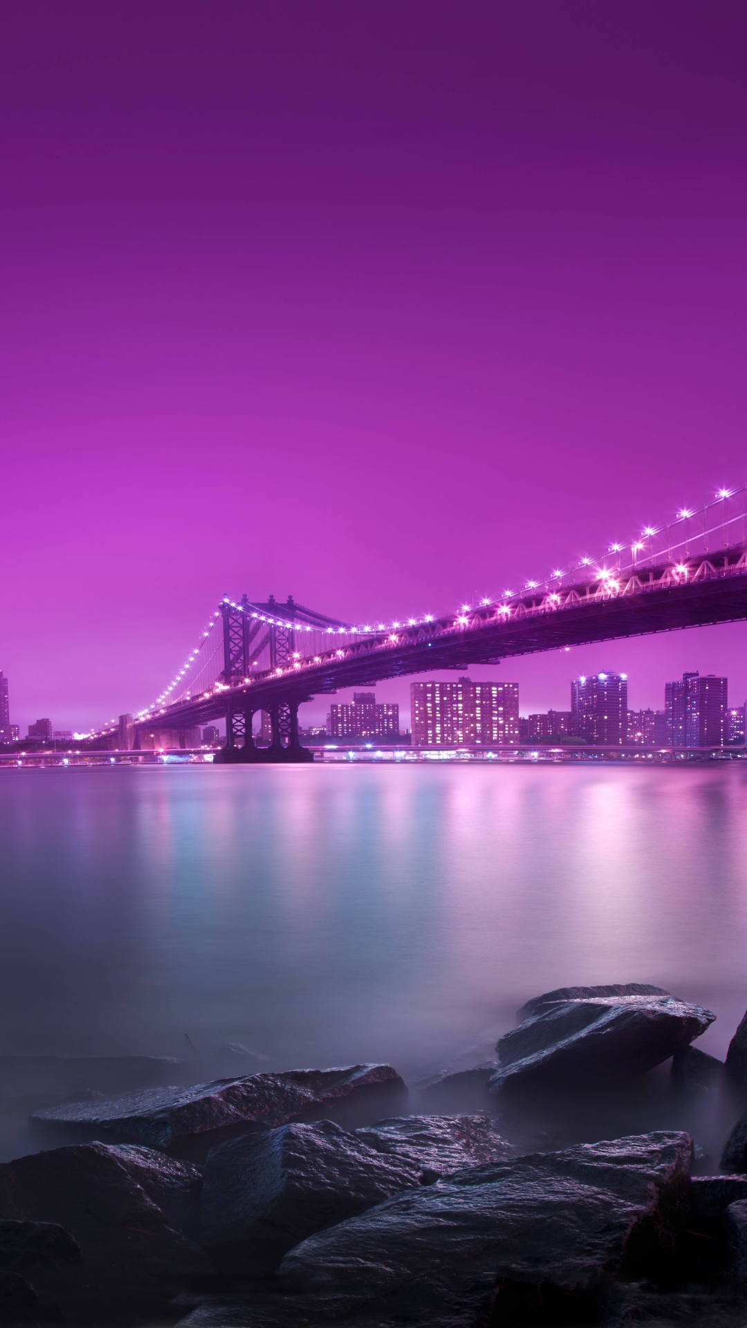 Download mobile wallpaper Bridges, Night, City, Bridge, Purple, River, Manhattan Bridge, Man Made for free.