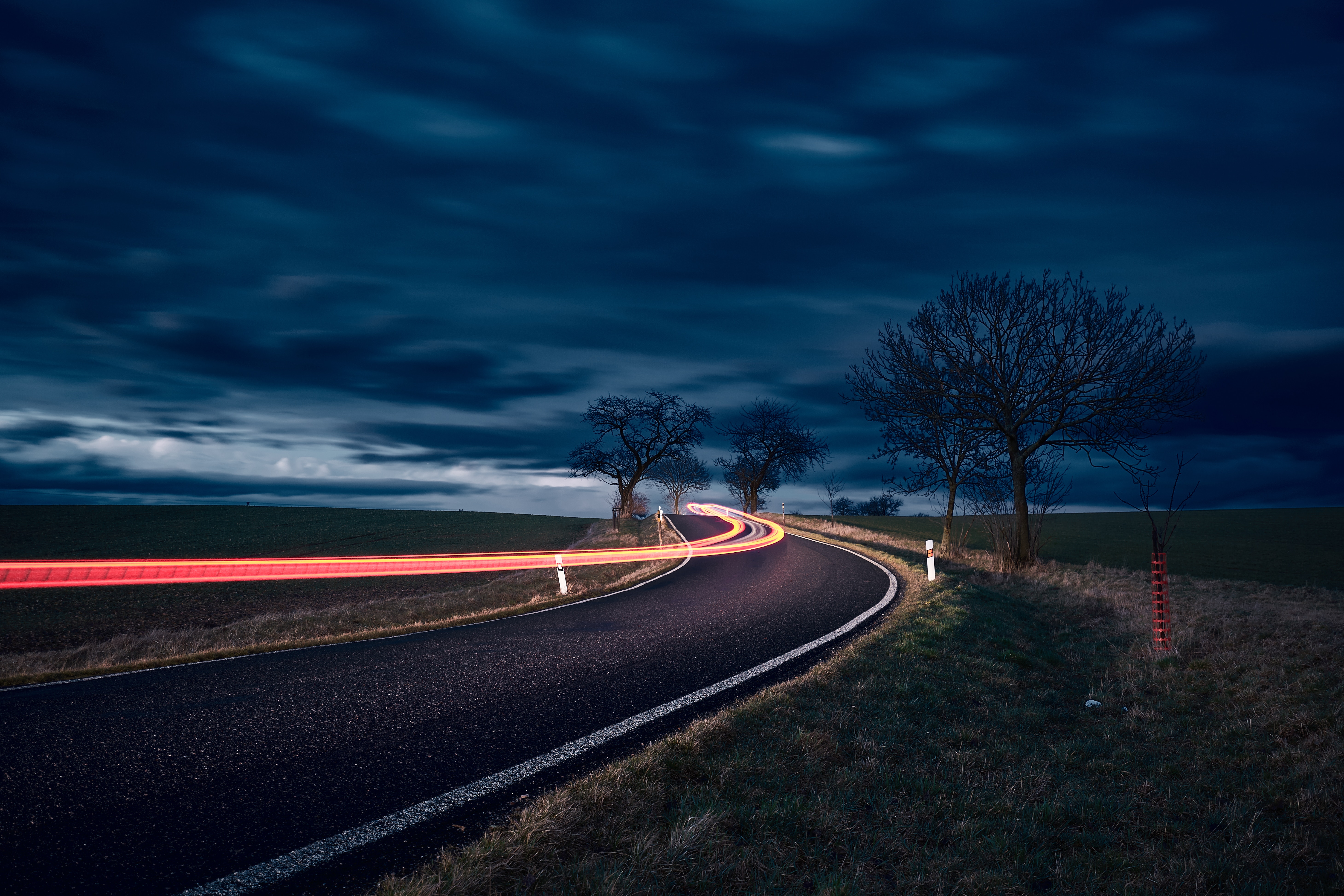 Free download wallpaper Nature, Trees, Sky, Night, Road, Turn, Long Term Exposure on your PC desktop