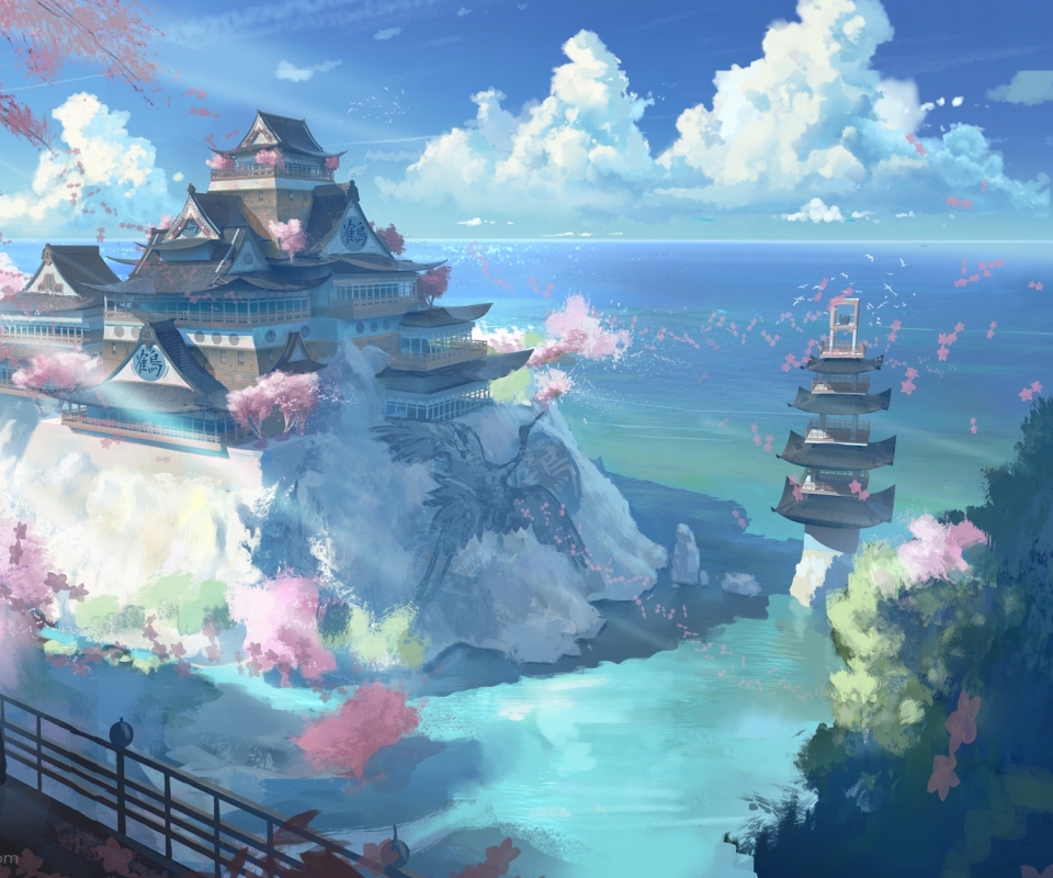 Laden Sie das Landschaft, Wasser, Ozean, Wolke, Original, Meer, Himmel, Animes, Schloss-Bild kostenlos auf Ihren PC-Desktop herunter