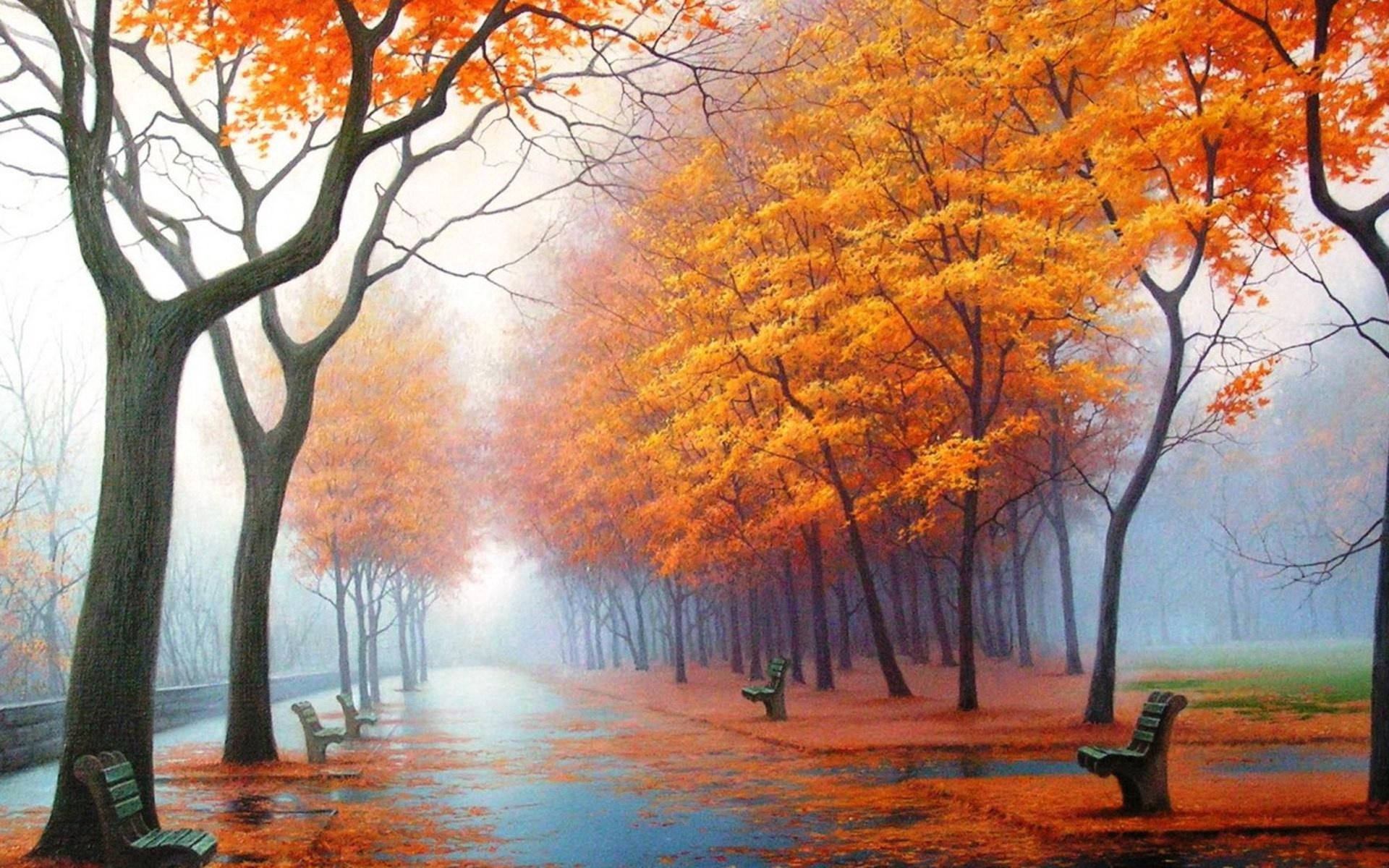 painting, fall, art, benches, autumn, nature, trees, park, fog, asphalt, leaf fall, alley, haze, track, steam