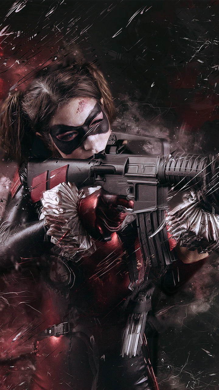 Handy-Wallpaper Frauen, Harley Quinn, Dc Comics, Cosplay, Sturmgewehr kostenlos herunterladen.