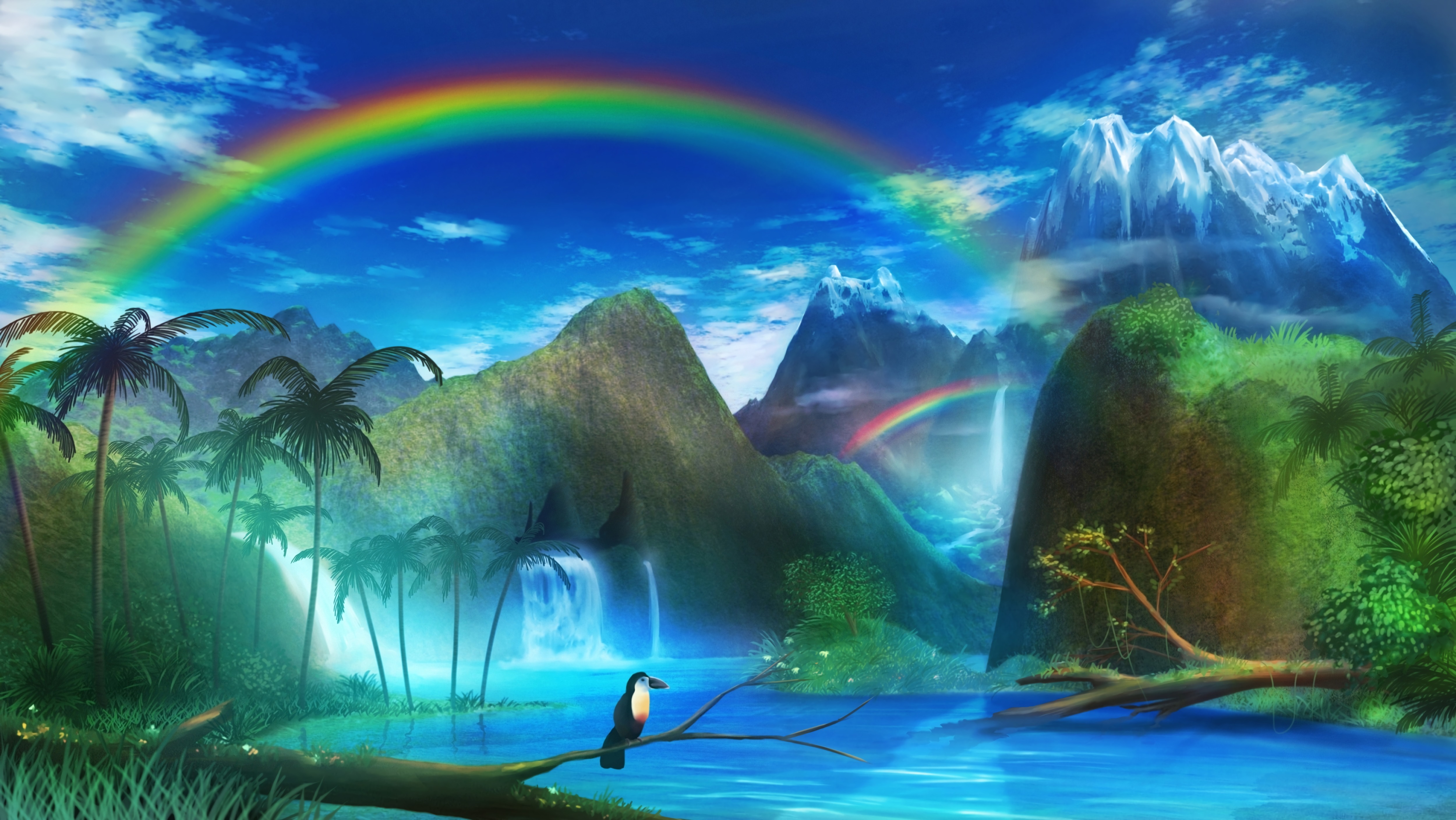 Download mobile wallpaper Waterfall, Toucan, Art, Rainbow for free.