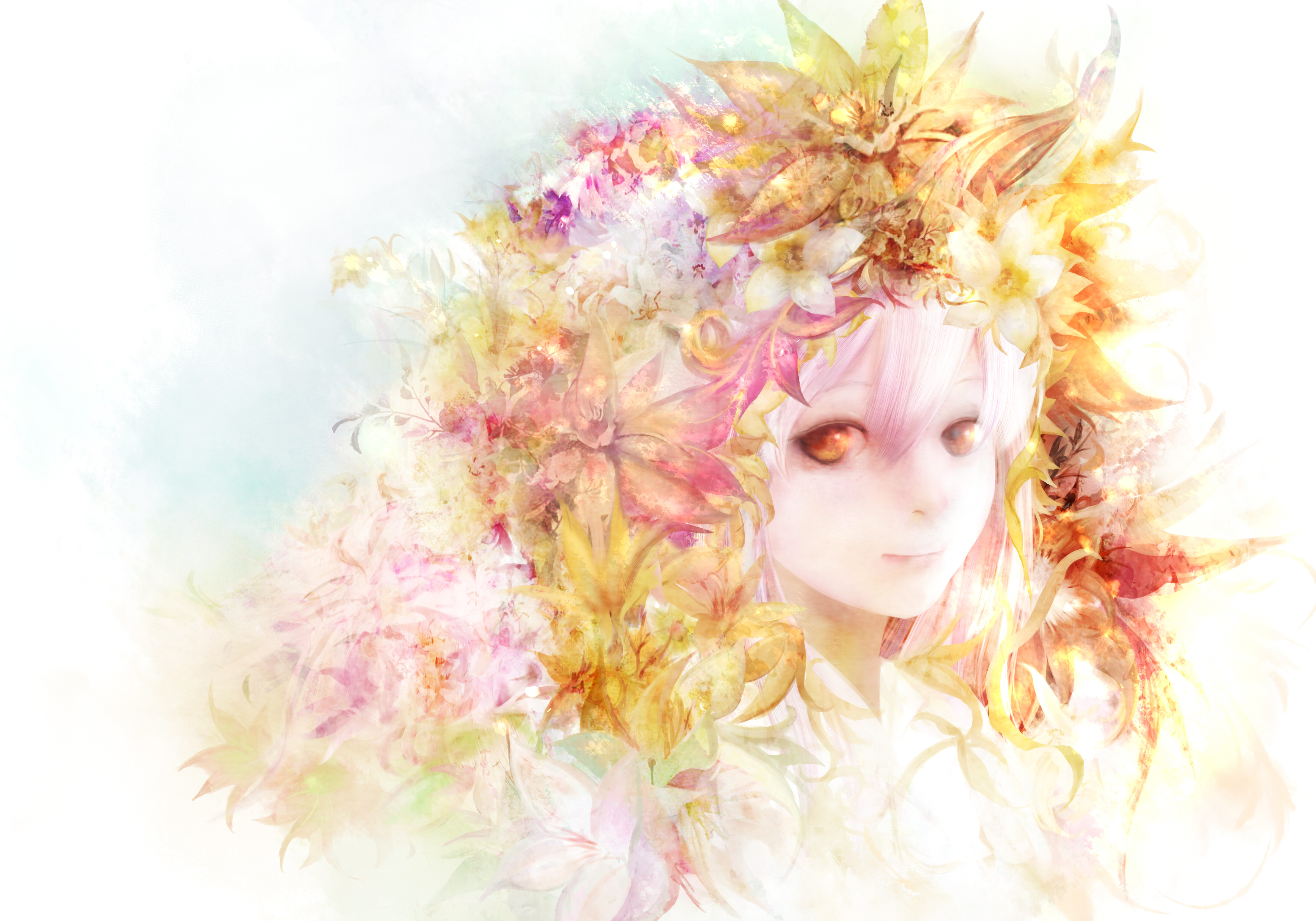 Laden Sie das Blume, Lächeln, Bunt, Gelbe Augen, Original, Pinkes Haar, Cgi, Animes, Lange Haare-Bild kostenlos auf Ihren PC-Desktop herunter