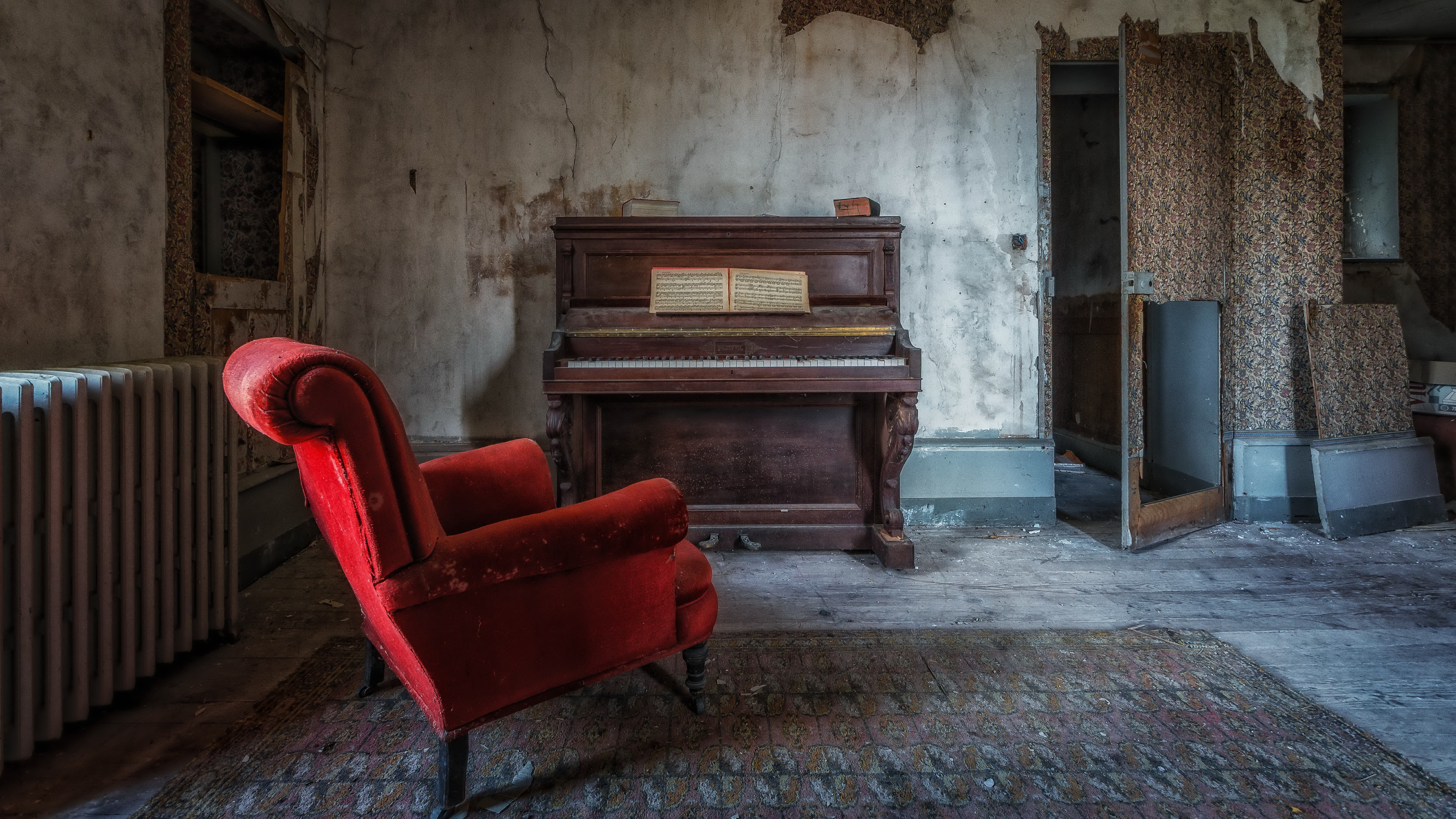 Download mobile wallpaper Piano, Chair, Room, Abandoned, Man Made for free.