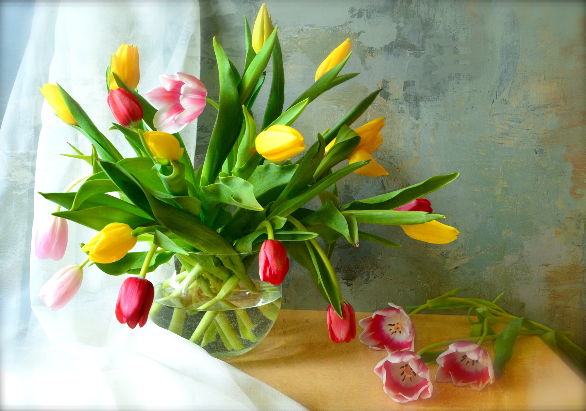 Download mobile wallpaper Still Life, Flower, Vase, Tulip, Photography, Yellow Flower, Pink Flower for free.