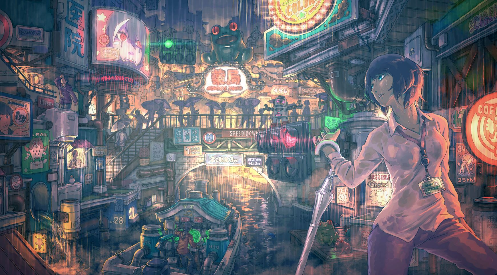 Laden Sie das Regen, Fluss, Regenschirm, Original, Animes, Großstadt-Bild kostenlos auf Ihren PC-Desktop herunter
