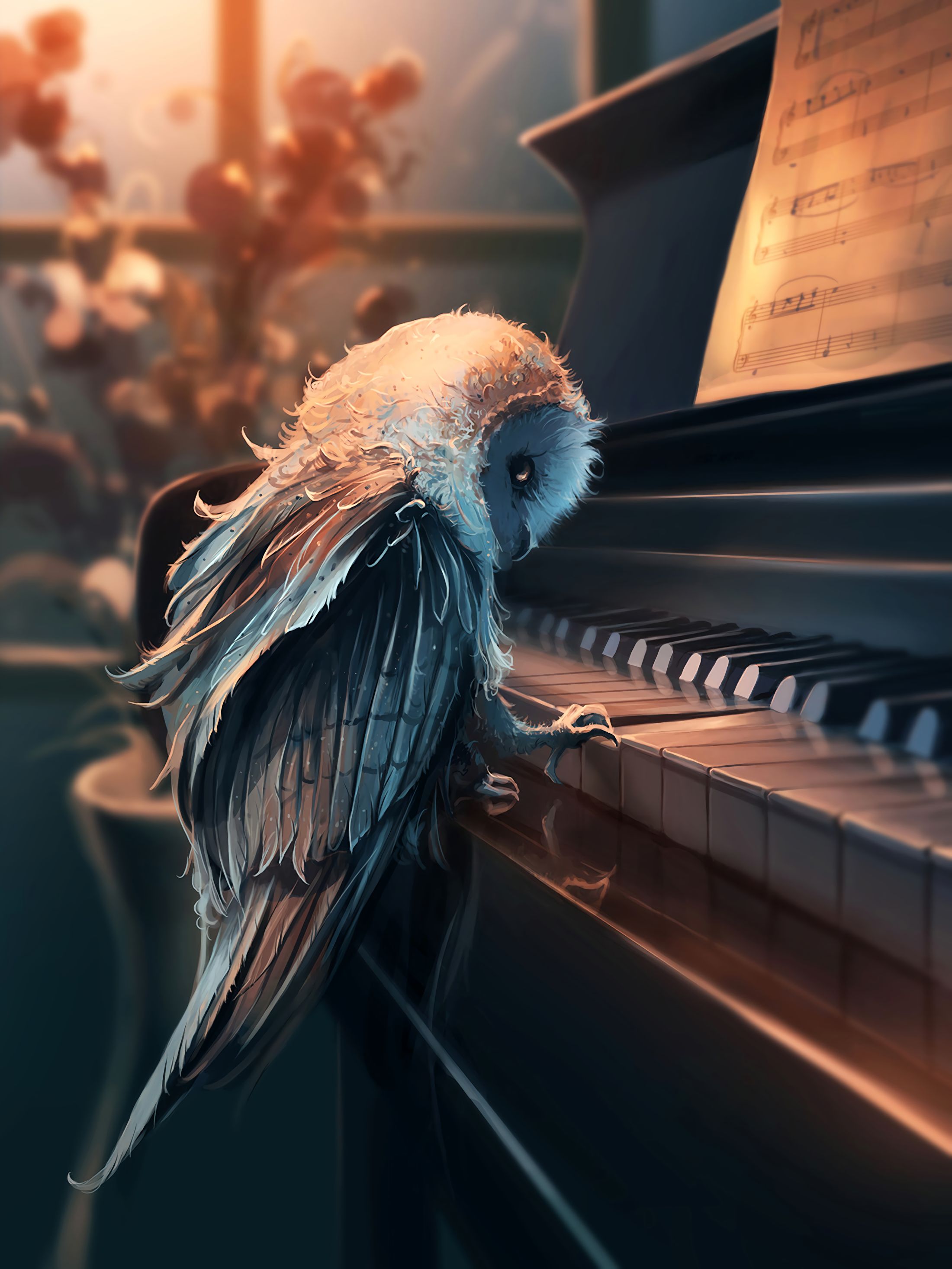 piano, music, art, owl, notes
