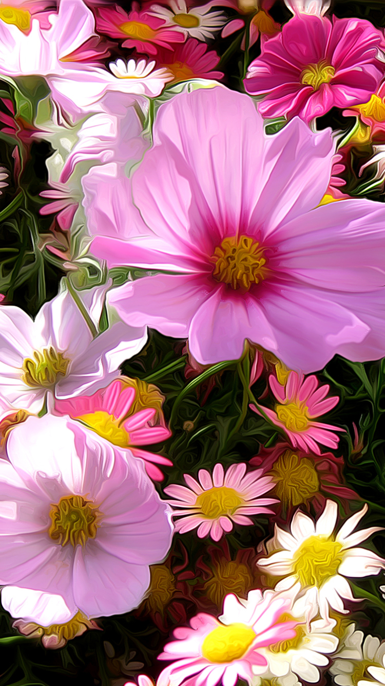 Download mobile wallpaper Flowers, Flower, Close Up, Field, Painting, Artistic, Cosmos, White Flower, Pink Flower for free.