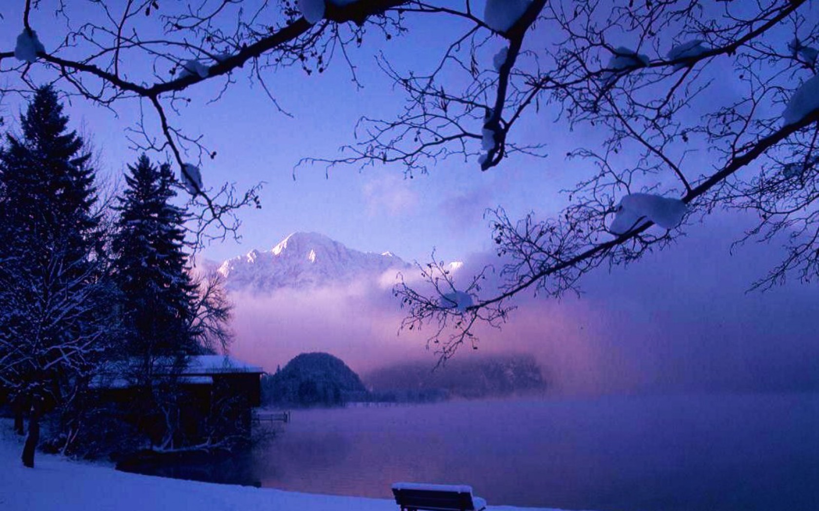 Download mobile wallpaper Winter, Snow, Mountain, Lake, Tree, House, Earth for free.