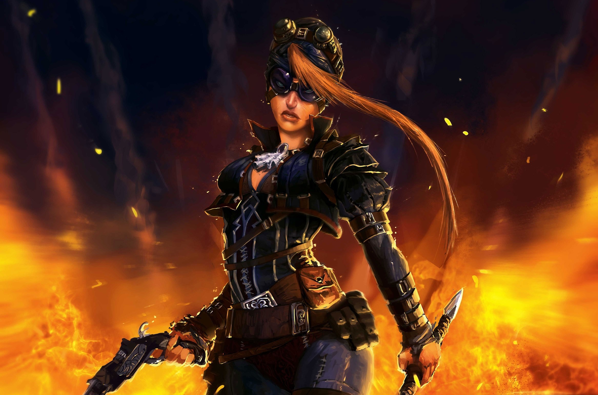 Download mobile wallpaper Weapon, Sci Fi, Knife, Steampunk, Long Hair, Woman Warrior, Goggles for free.
