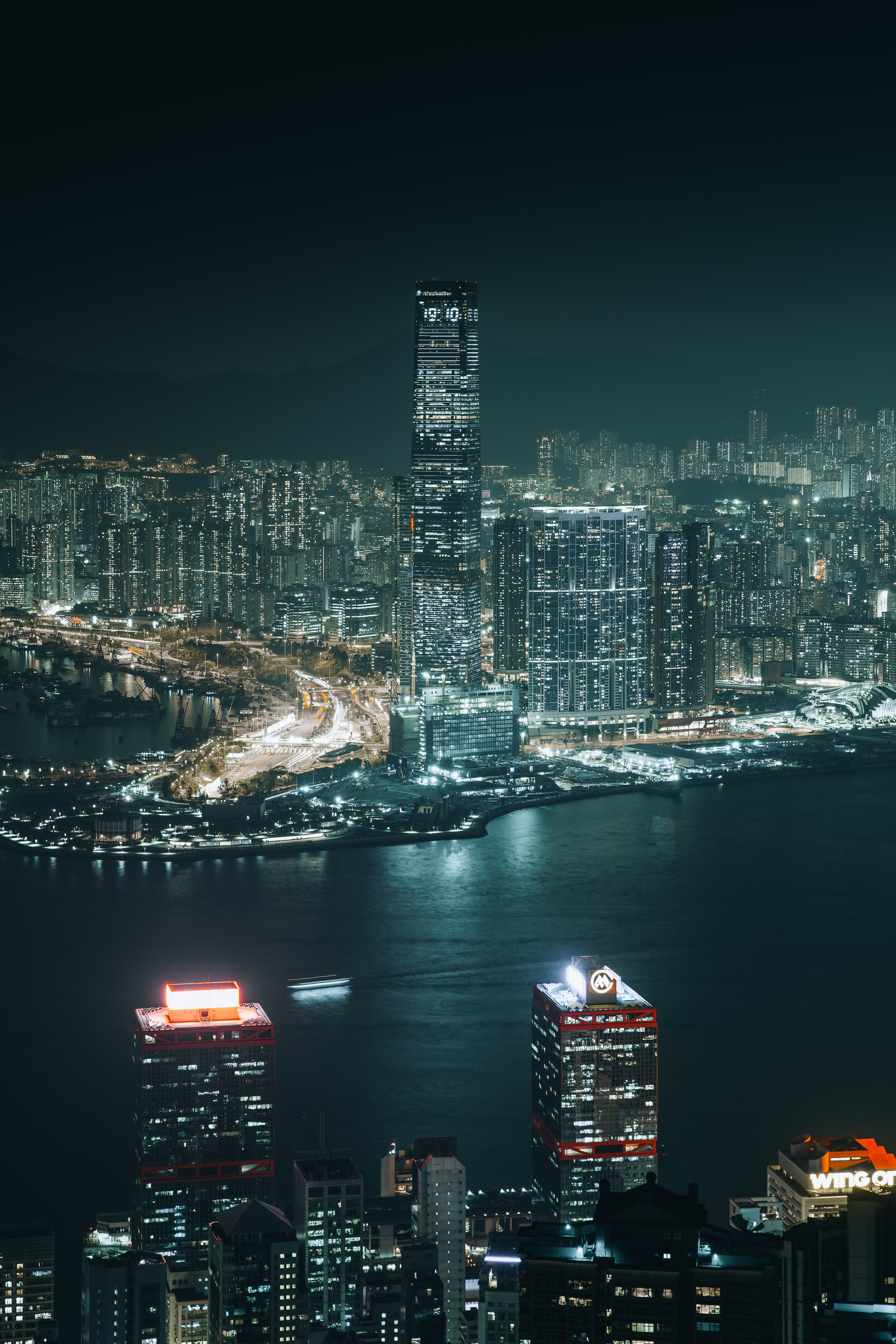 93095 télécharger l'image villes, rivières, imeuble, bâtiment, vue d'en haut, vue d’en haut, ville de nuit, hong kong, hong kong ras - fonds d'écran et économiseurs d'écran gratuits