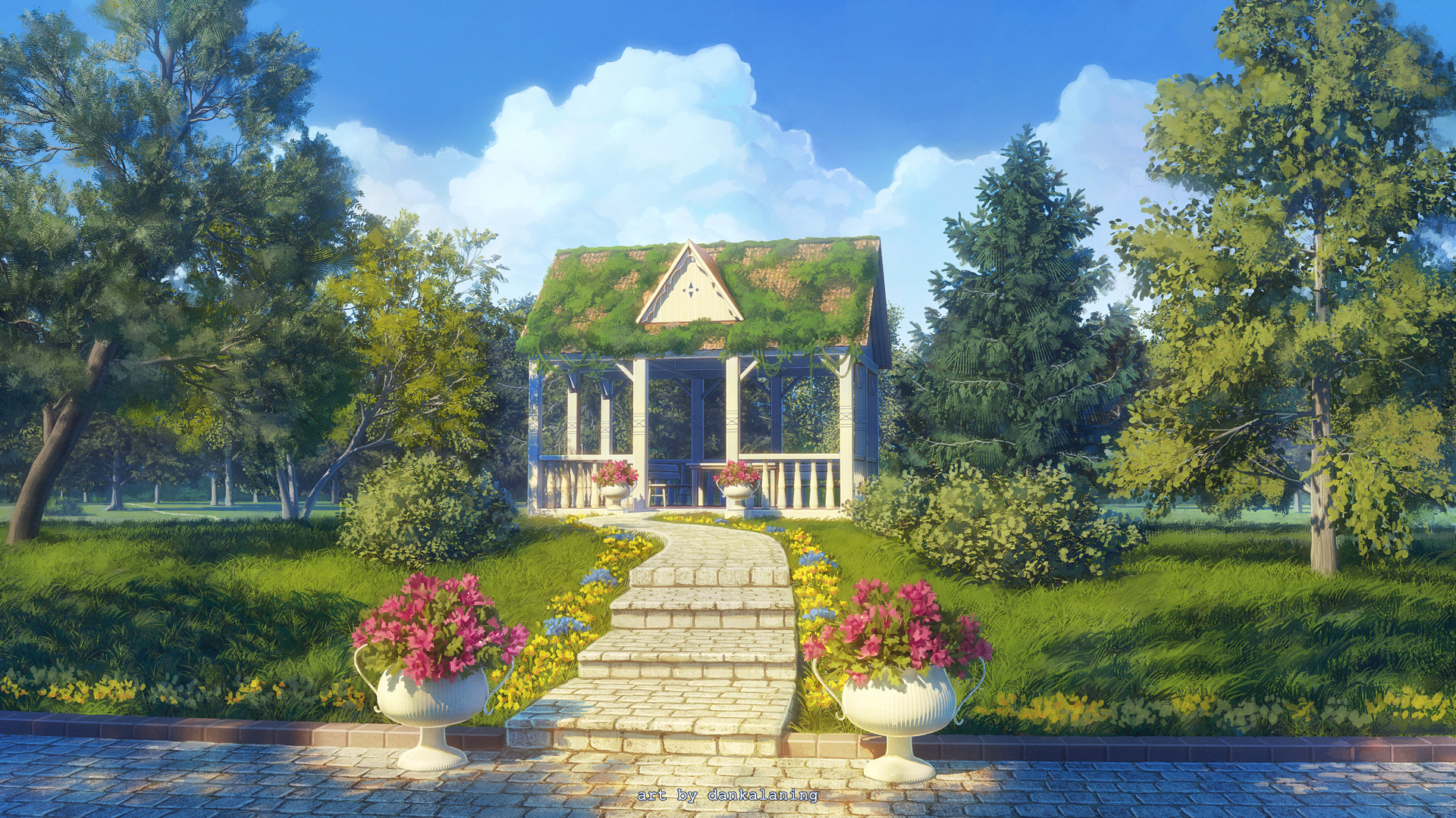 Download mobile wallpaper Anime, Landscape, Flower, Hut for free.