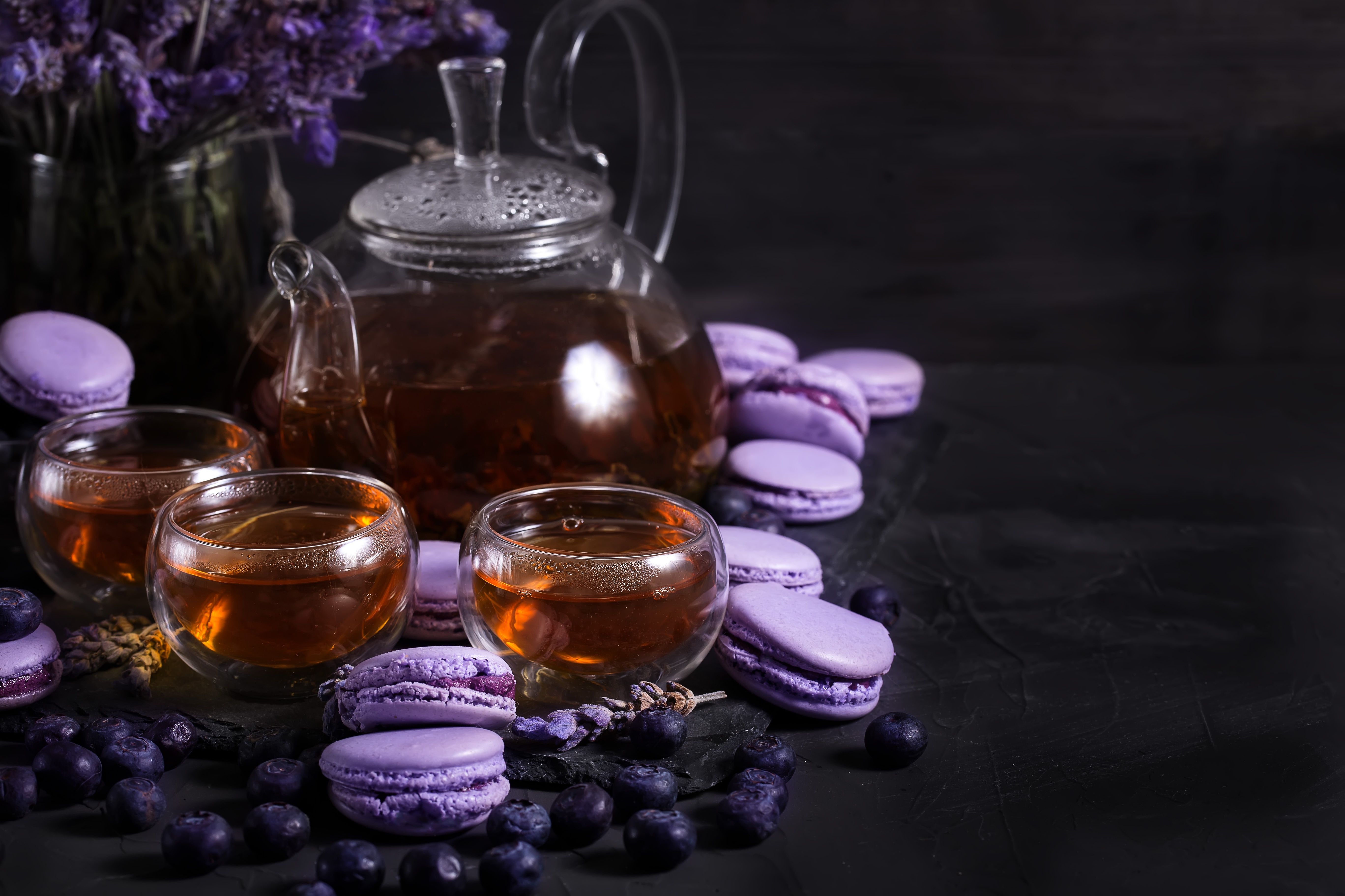 Download mobile wallpaper Food, Still Life, Cup, Tea, Teapot, Macaron for free.