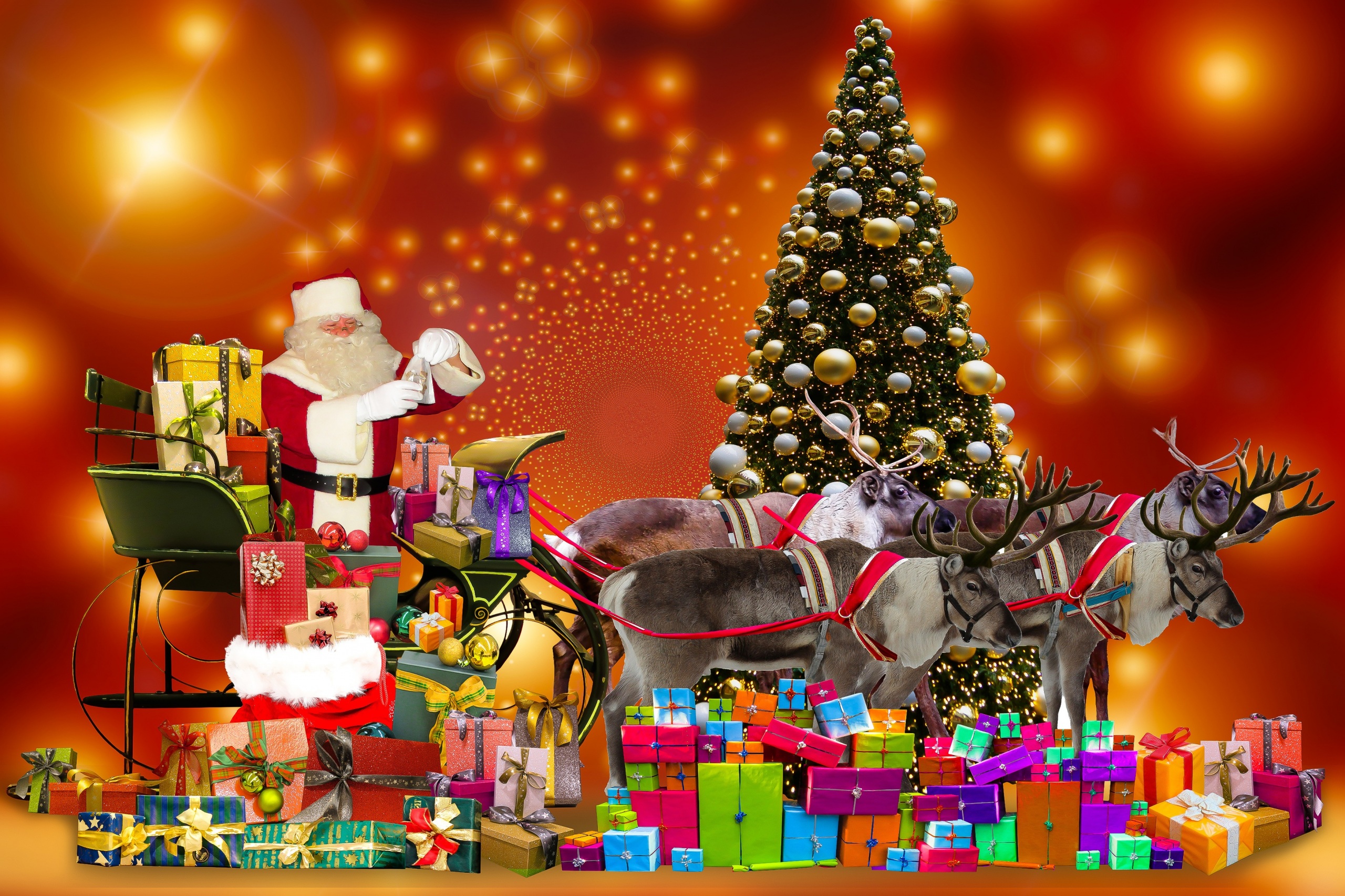 Download mobile wallpaper Christmas, Holiday, Gift, Christmas Tree, Sled, Santa, Reindeer for free.