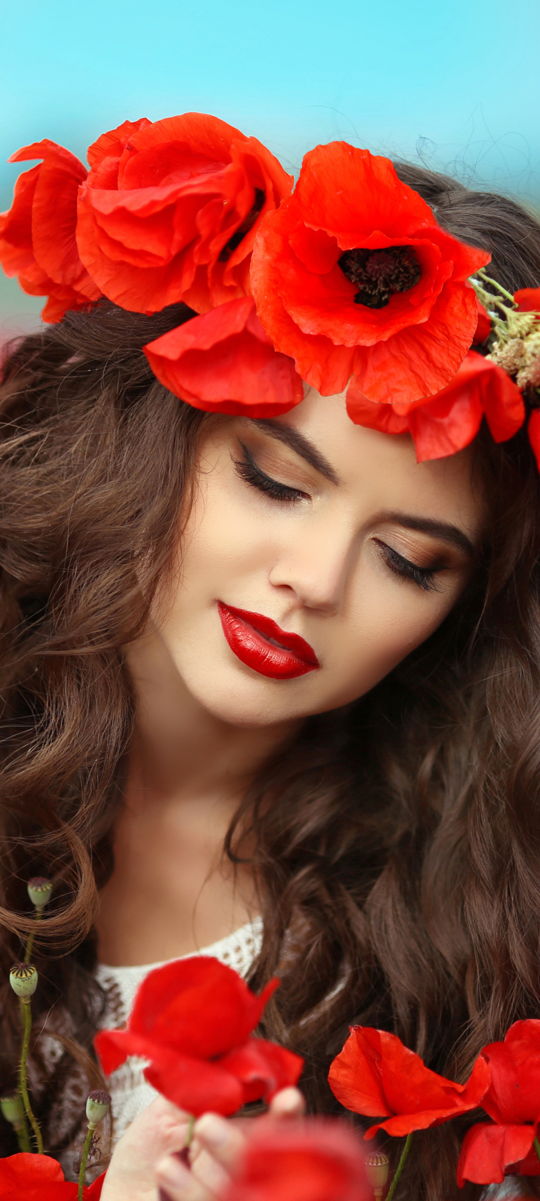 Download mobile wallpaper Flower, Face, Poppy, Brunette, Model, Women, Red Flower, Lipstick for free.