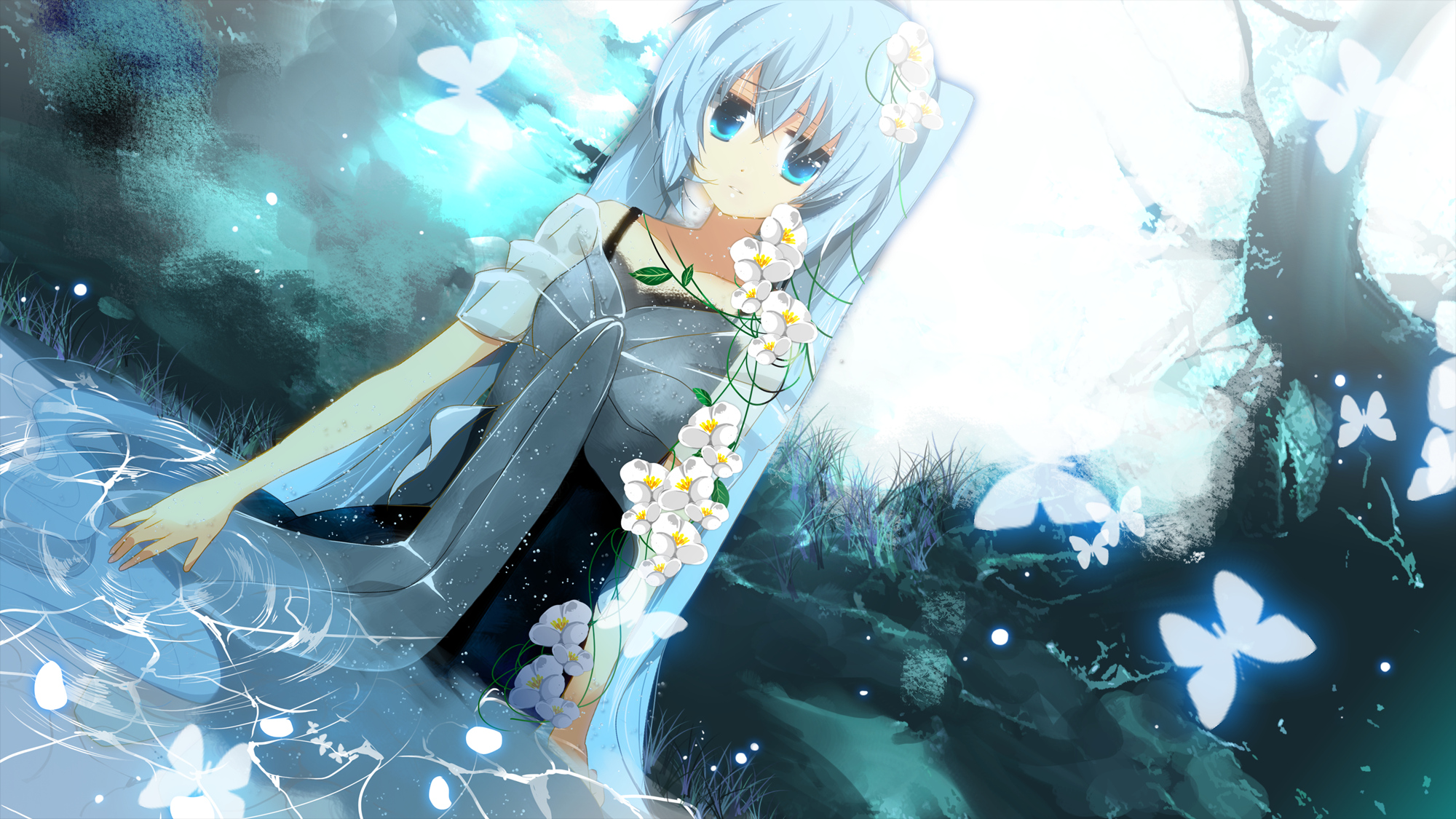 Download mobile wallpaper Butterfly, Vocaloid, Hatsune Miku, Water, Flower, Anime for free.