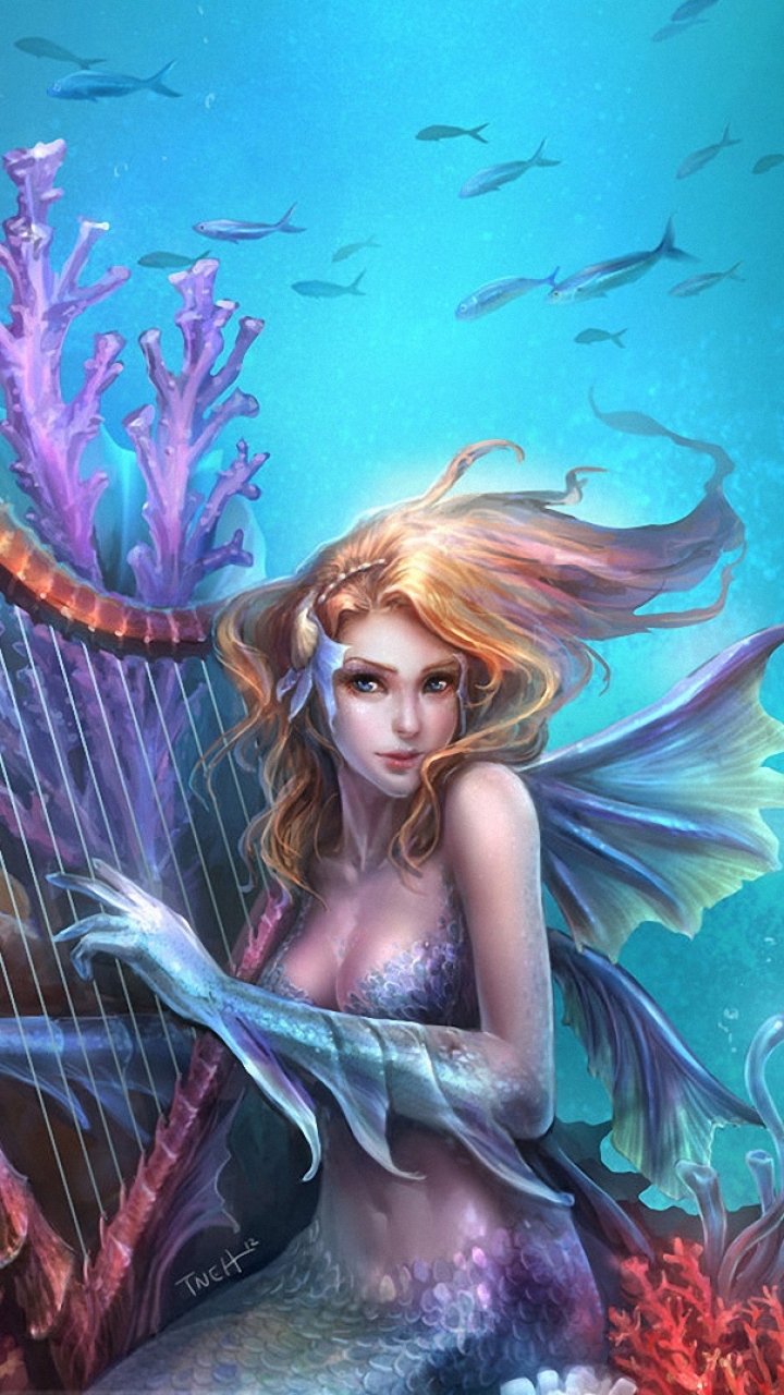 Download mobile wallpaper Fantasy, Ocean, Mermaid, Harp for free.