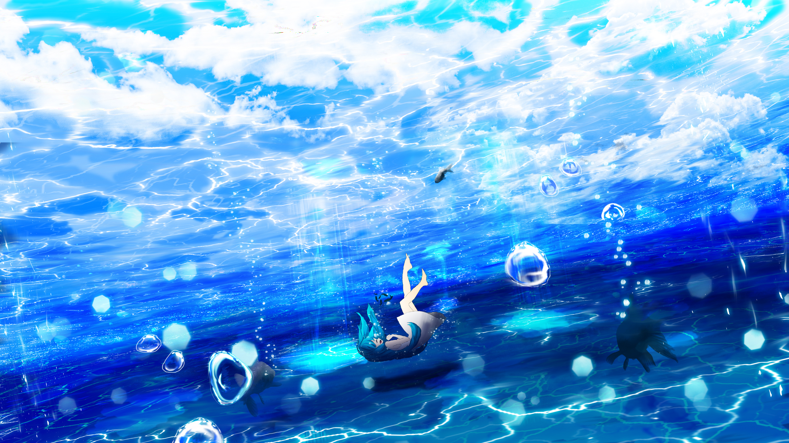 Laden Sie das Wasser, Fisch, Original, Blaue Haare, Animes-Bild kostenlos auf Ihren PC-Desktop herunter