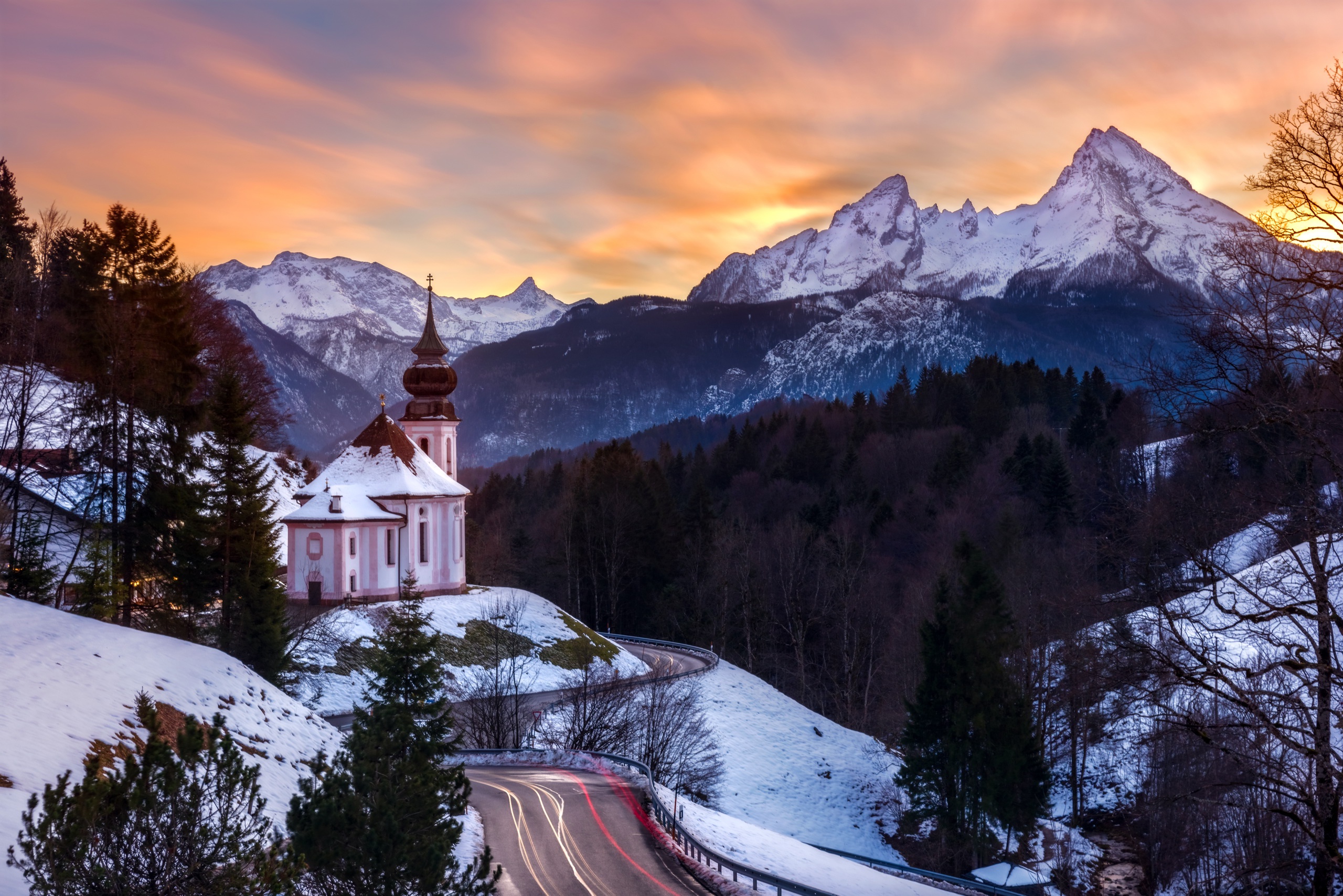 Free download wallpaper Winter, Snow, Building, Mountain, Road, Church, Churches, Religious, Time Lapse on your PC desktop