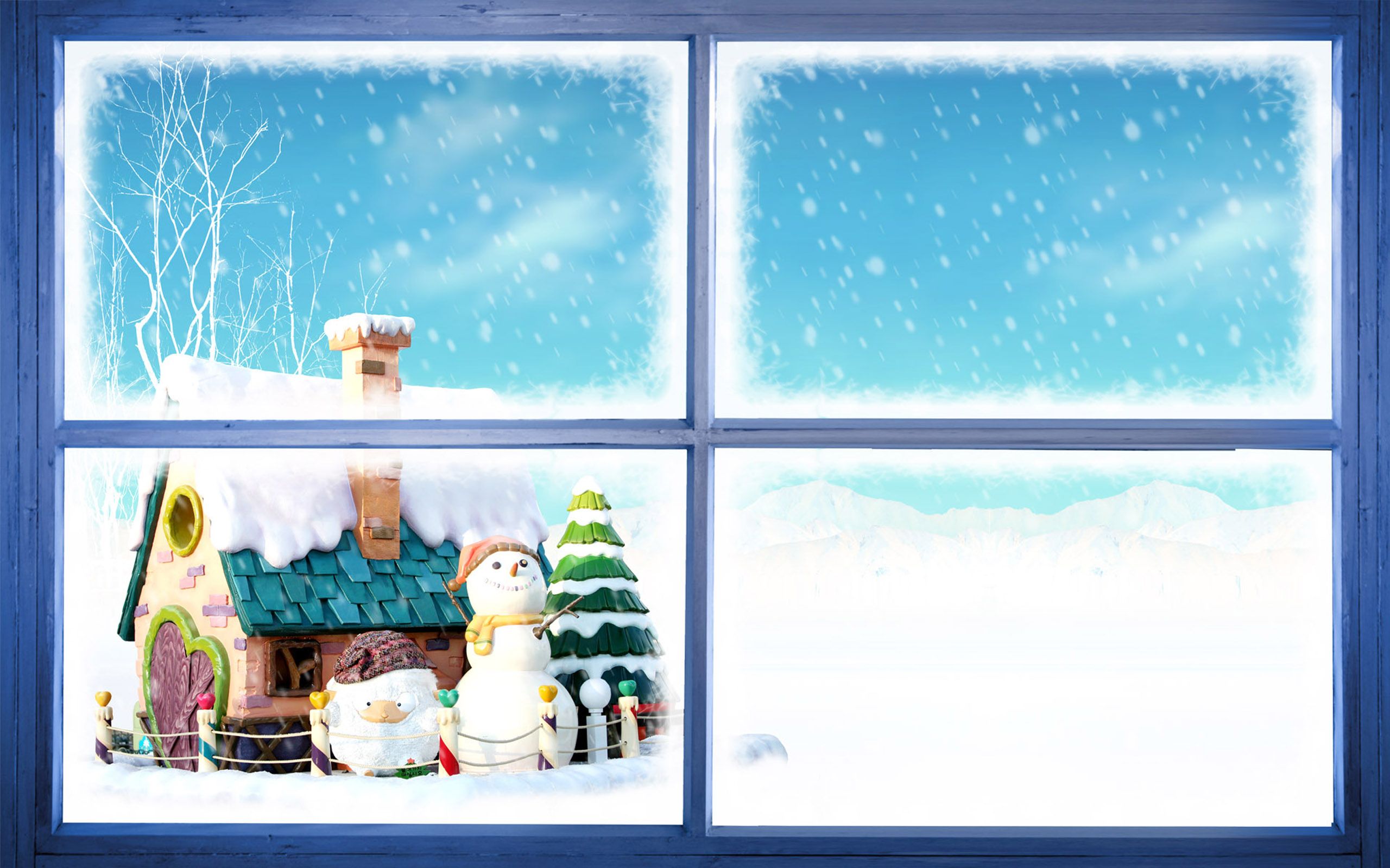 Laden Sie das Feiertage, Schnee, Weihnachten, Schneemann, Haus, Fenster, Schneefall-Bild kostenlos auf Ihren PC-Desktop herunter