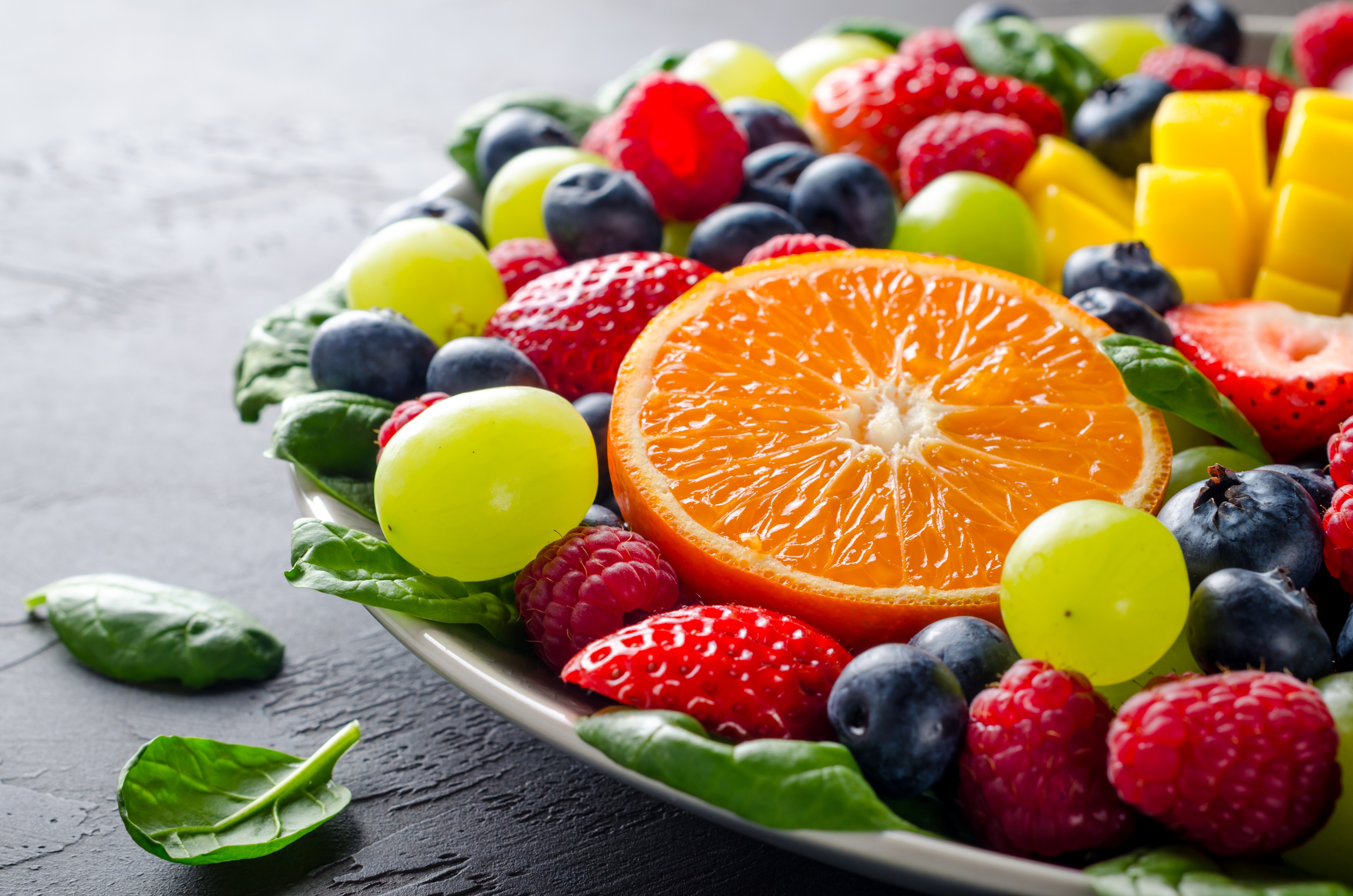 Download mobile wallpaper Fruits, Food, Strawberry, Grapes, Blueberry, Raspberry, Berry, Fruit, Orange (Fruit) for free.
