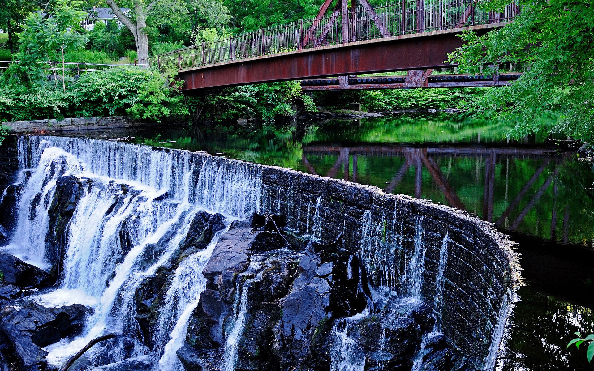 Download mobile wallpaper Bridge, Waterfall, Nature, Rivers, Landscape for free.