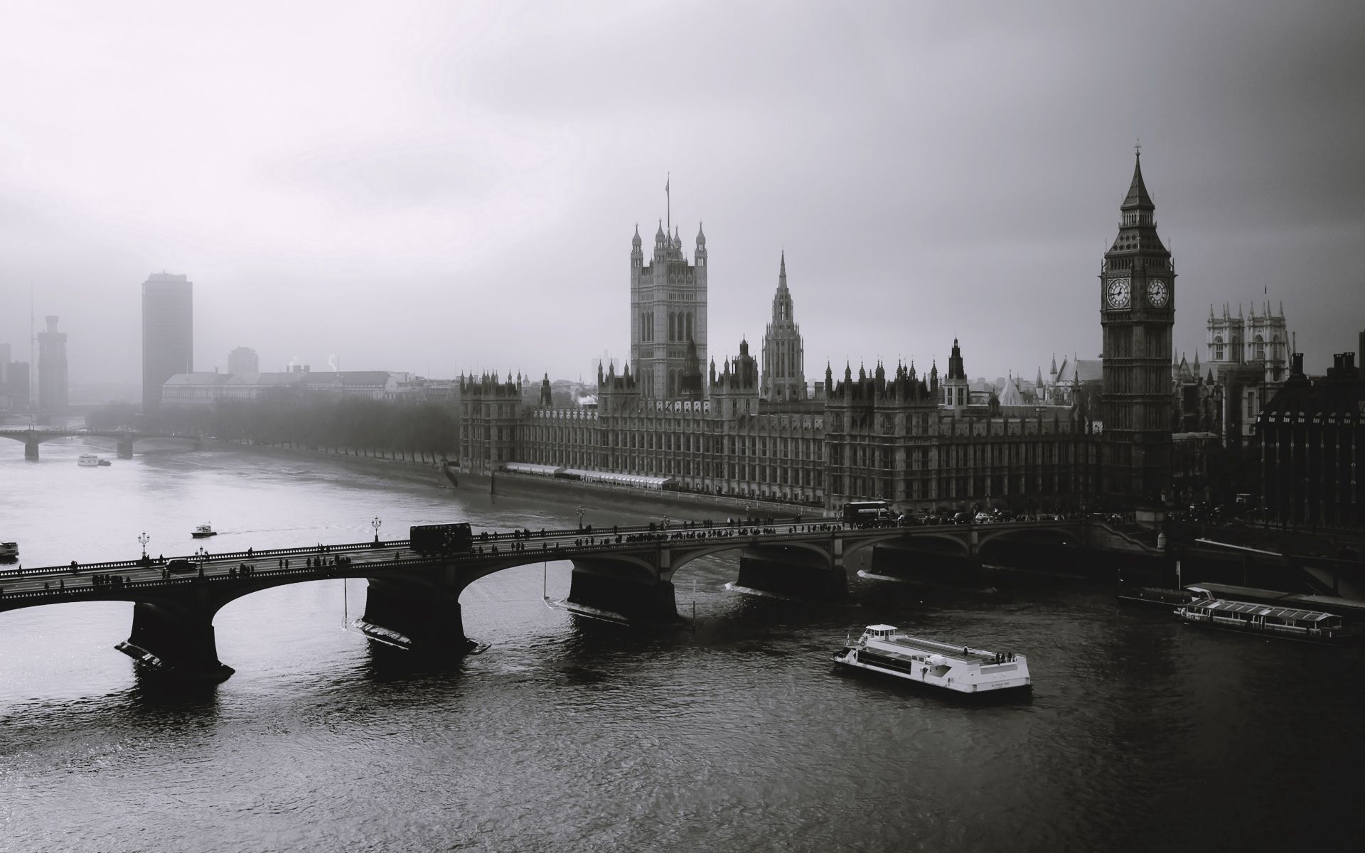 107551 завантажити картинку чб, міста, річка, лондон, біг бен, туман, міст - шпалери і заставки безкоштовно