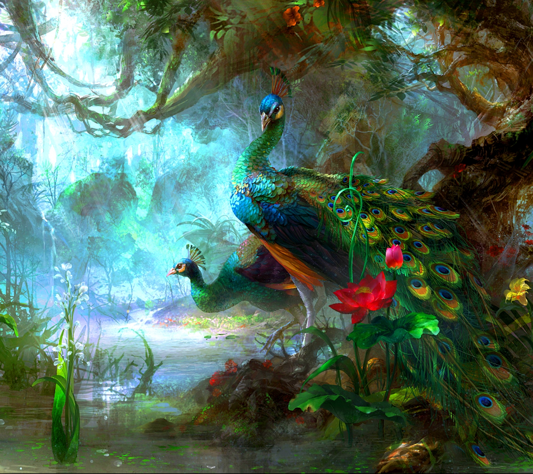 Free download wallpaper Birds, Flower, Bird, Forest, Tree, Colors, Animal, Colorful, Peacock, Peafowl on your PC desktop