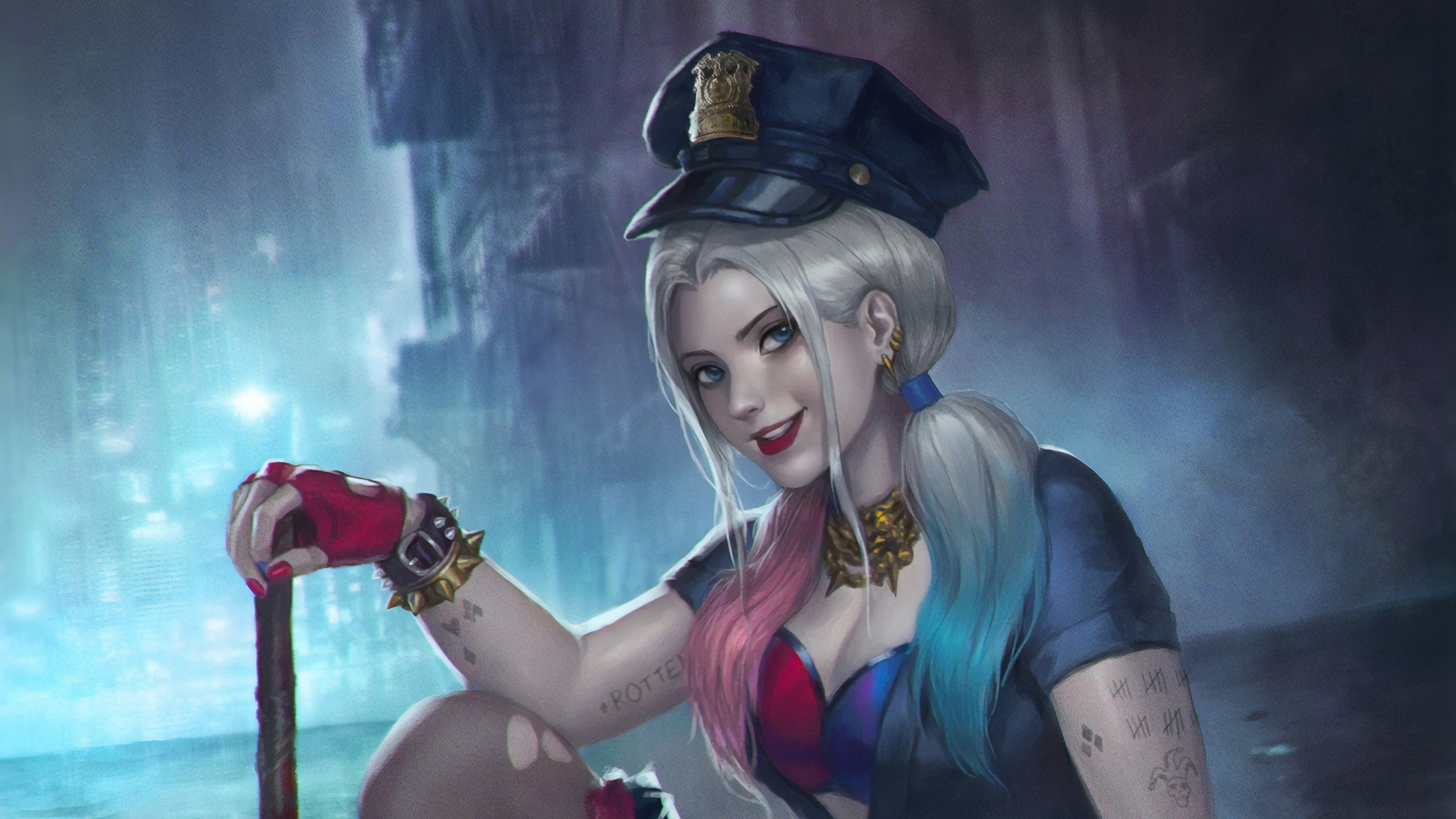 Handy-Wallpaper Blaue Augen, Polizei, Comics, Harley Quinn, Weißes Haar, Dc Comics kostenlos herunterladen.