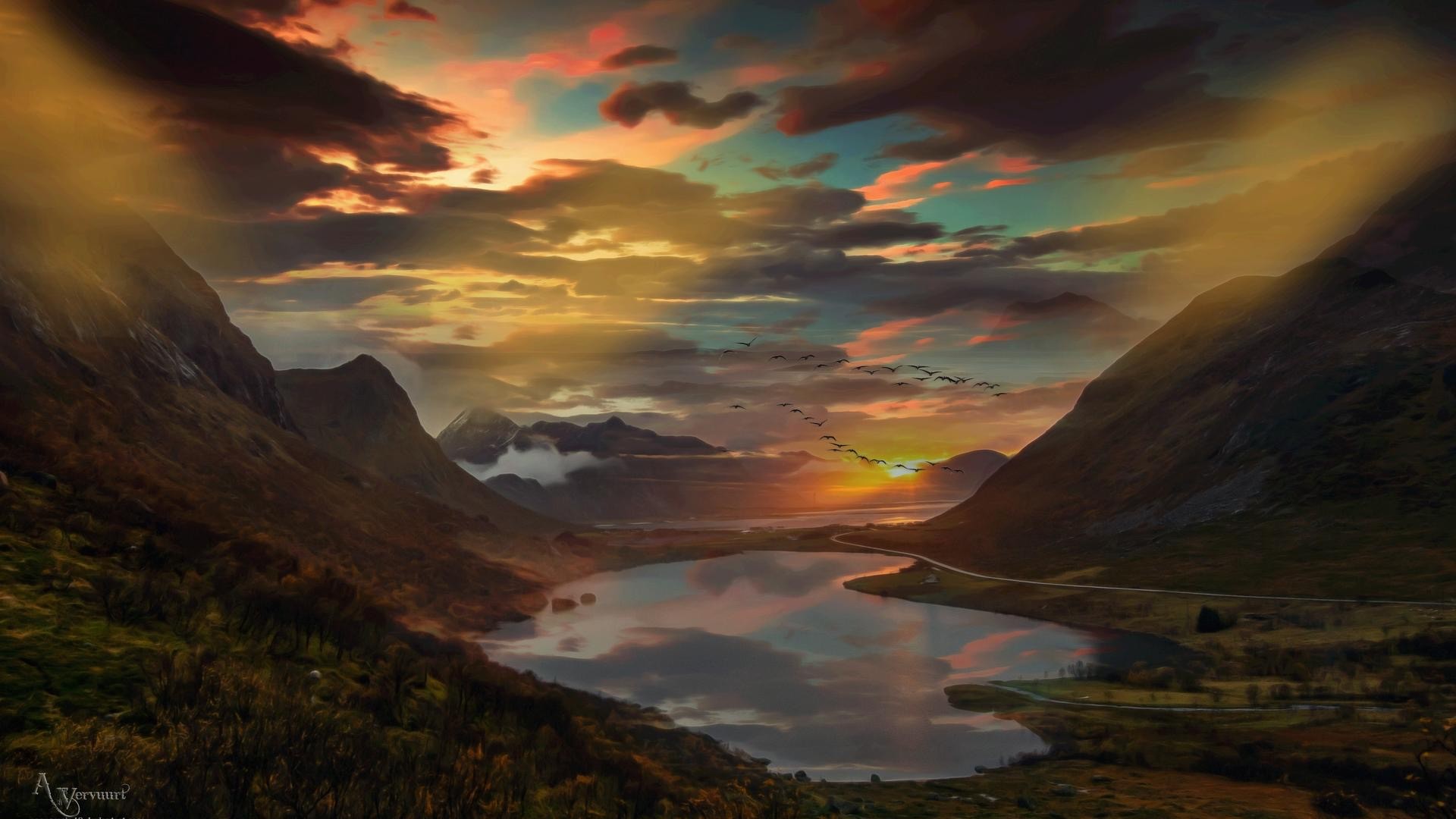 Free download wallpaper Landscape, Sunset, Mountain, Lake, Artistic on your PC desktop