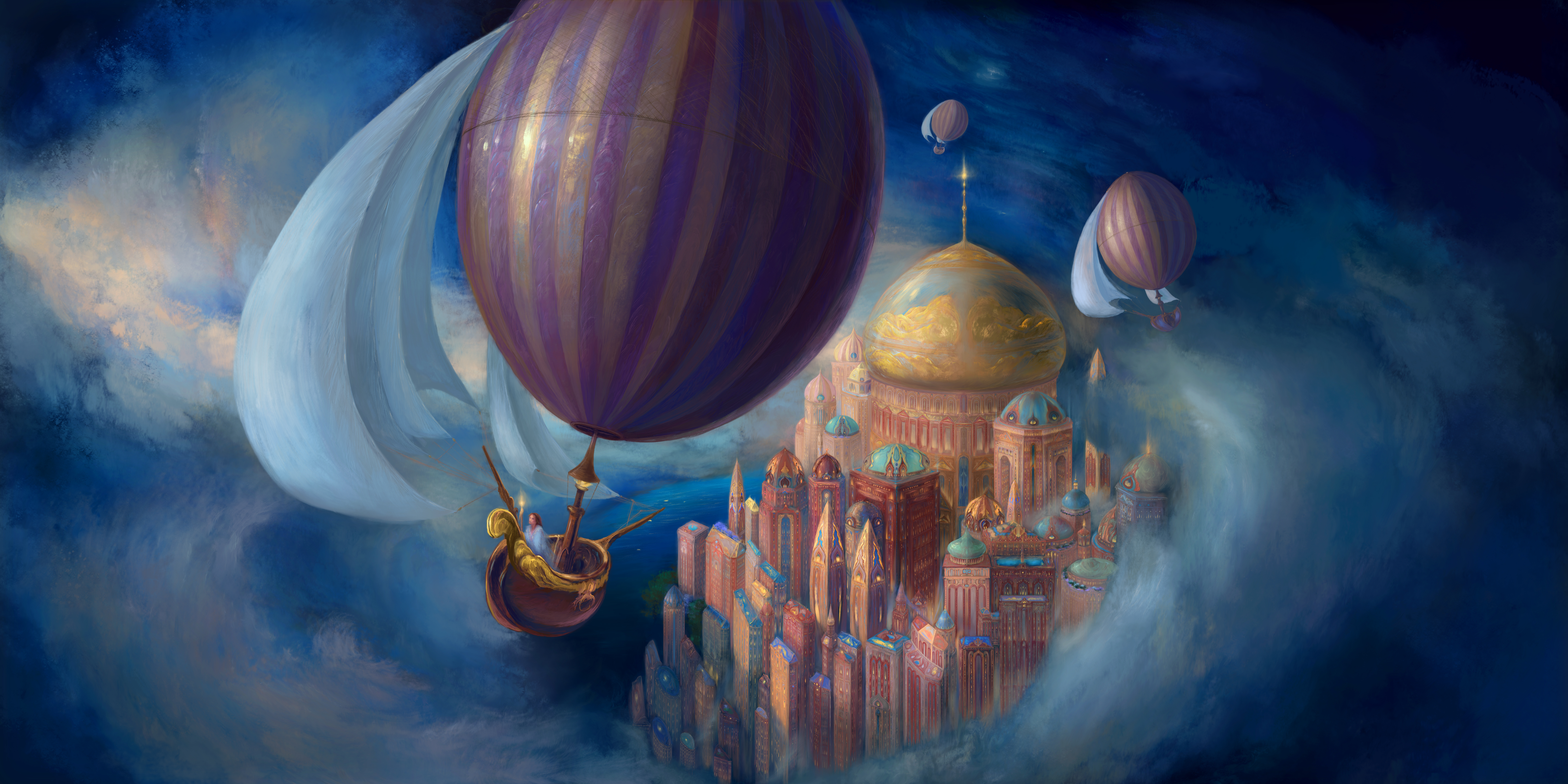 Free download wallpaper Fantasy, Sky, City, Building, Dome, Town, Hot Air Balloon on your PC desktop