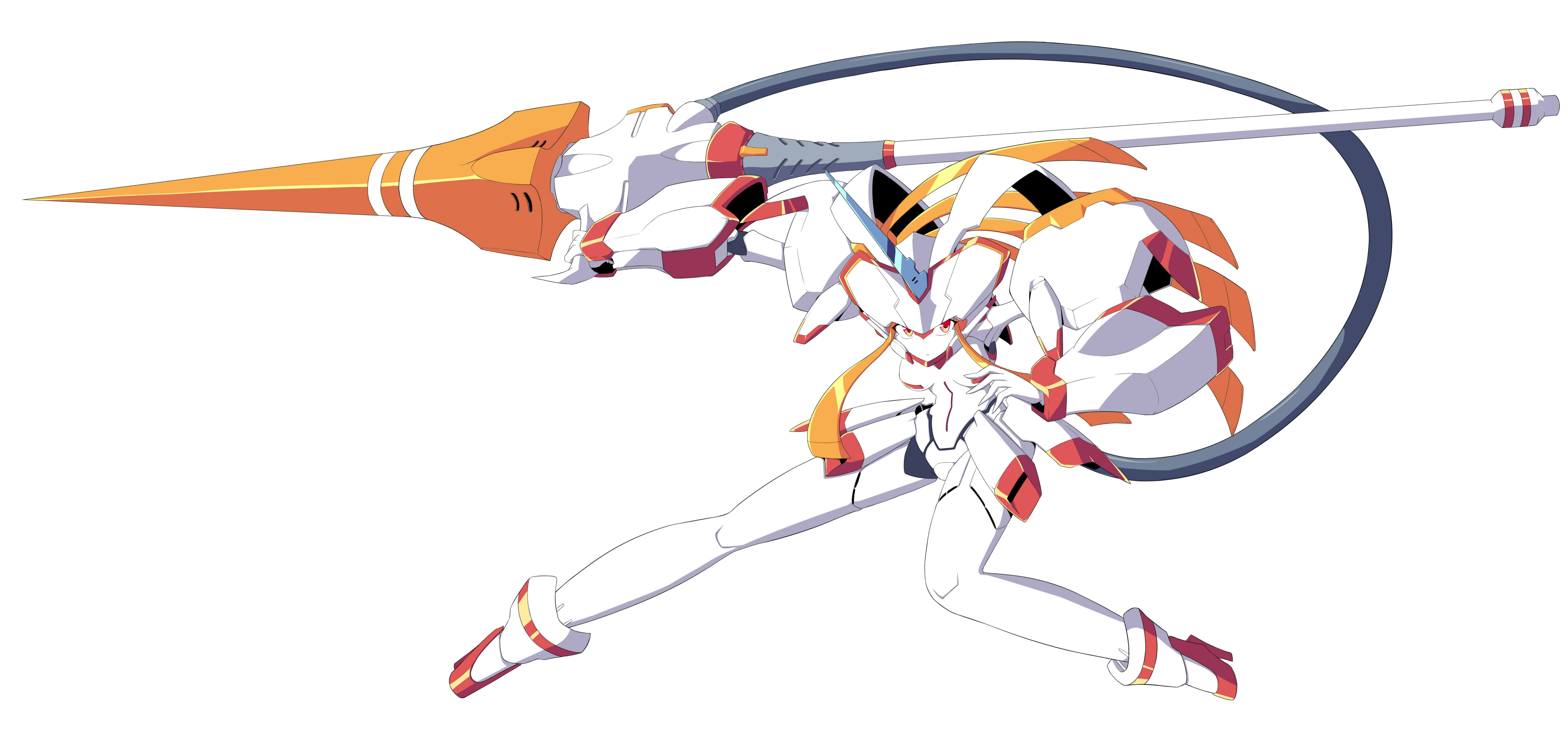 anime, darling in the franxx, red eyes, robot, spear, strelizia (darling in the franxx), weapon