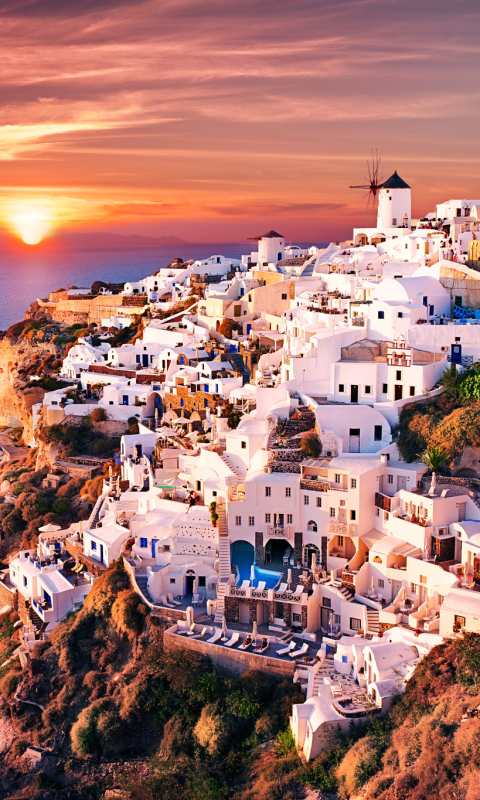 Download mobile wallpaper Sunset, Architecture, Building, Greece, Santorini, Man Made, Towns for free.