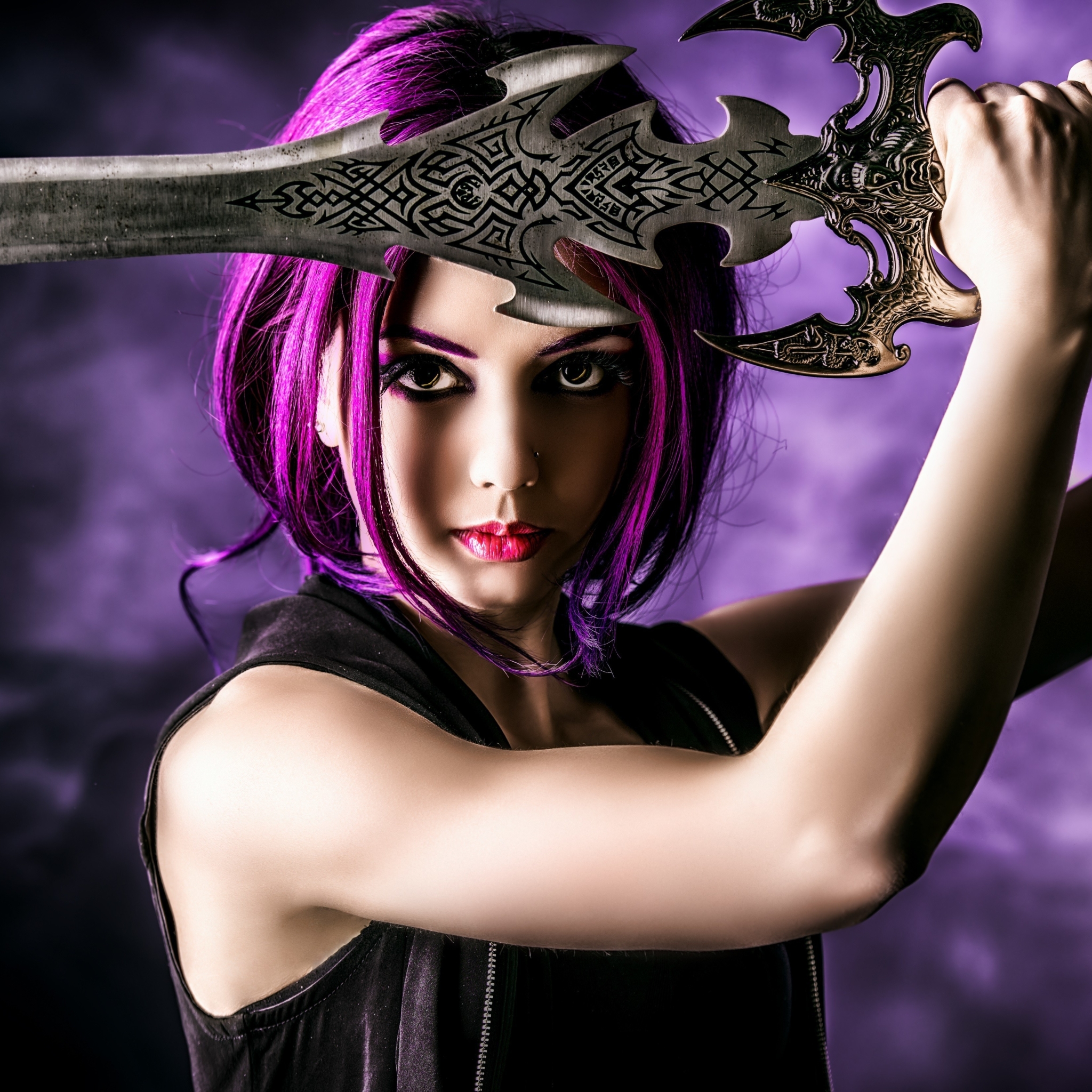 Download mobile wallpaper Fantasy, Model, Women, Sword, Cosplay, Crimson Hair for free.