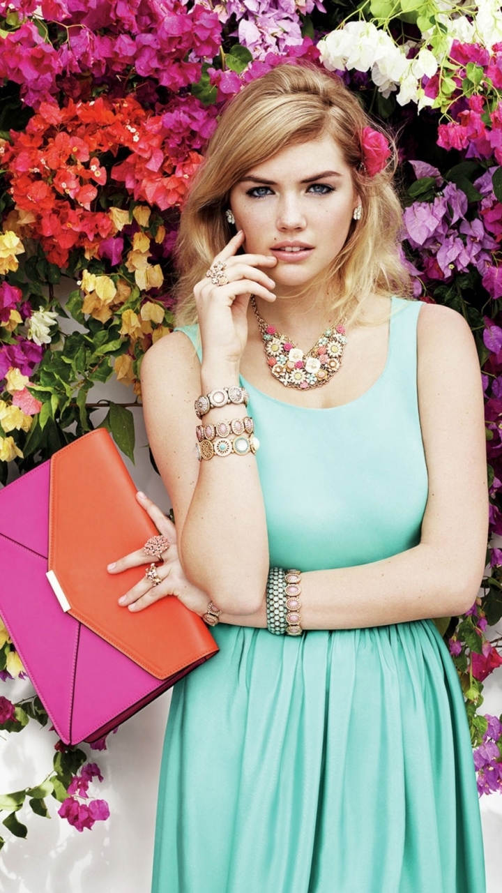 Download mobile wallpaper Bag, Dress, Blossom, Celebrity, Kate Upton for free.