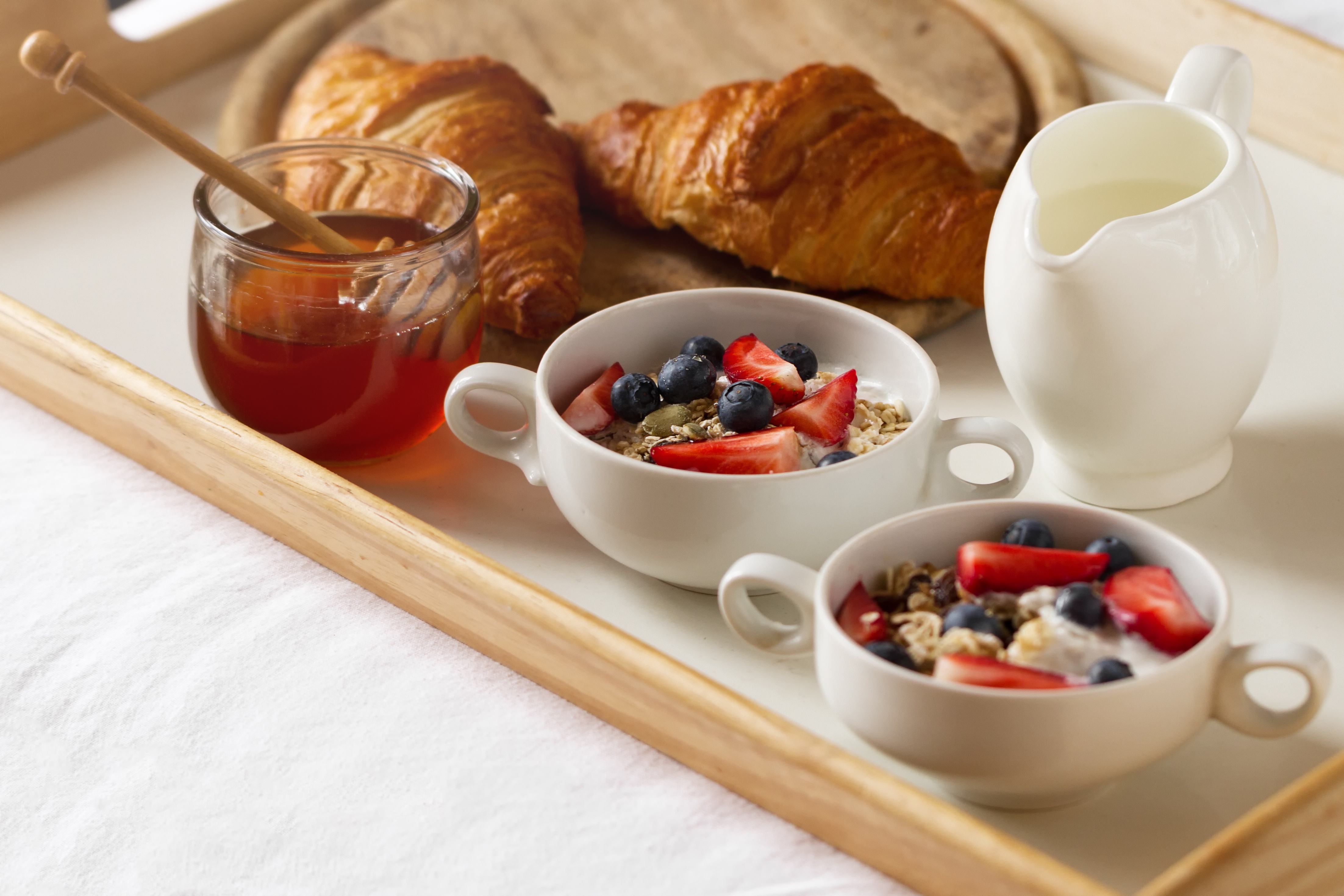 Download mobile wallpaper Food, Still Life, Berry, Honey, Breakfast, Croissant for free.