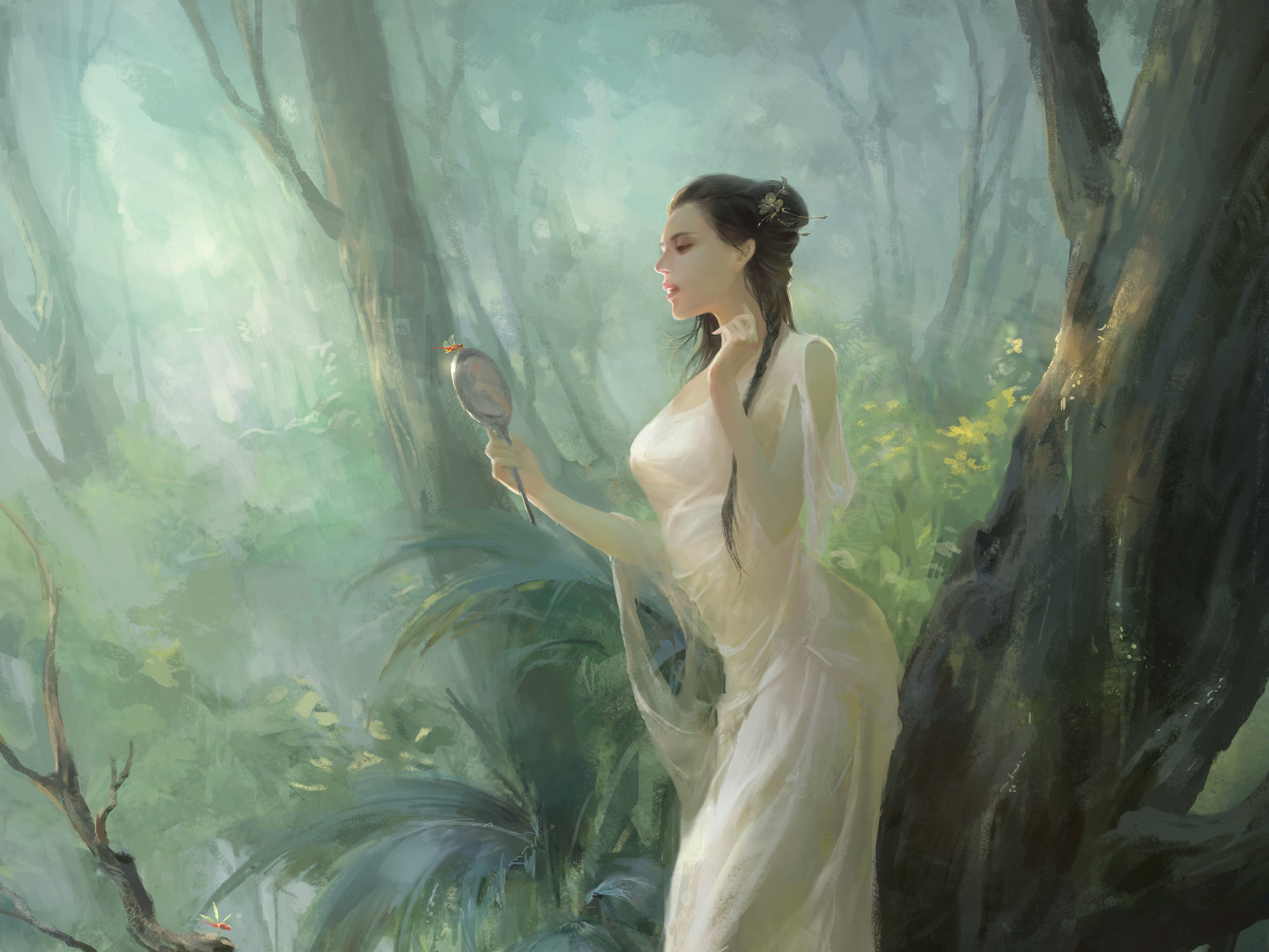 Download mobile wallpaper Fantasy, Forest, Mirror, Women, White Dress for free.