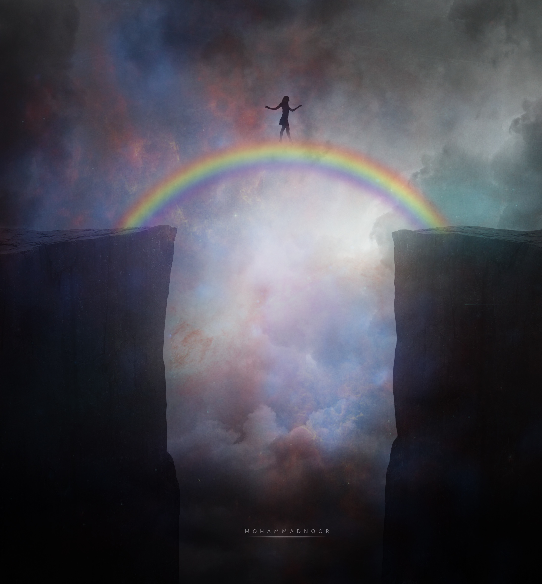 rainbow, art, silhouette, break, precipice, bridge HD wallpaper