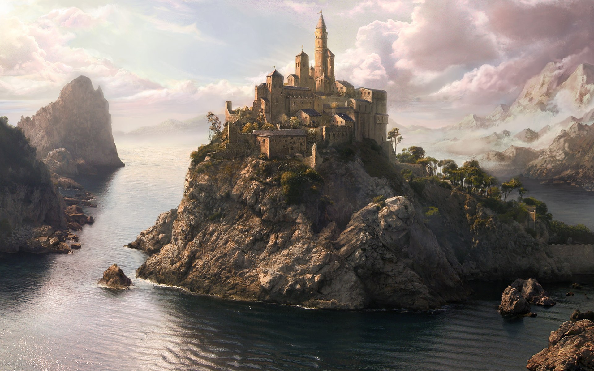 184600 descargar imagen castillos, fantasía, castillo, isla, océano, mar: fondos de pantalla y protectores de pantalla gratis